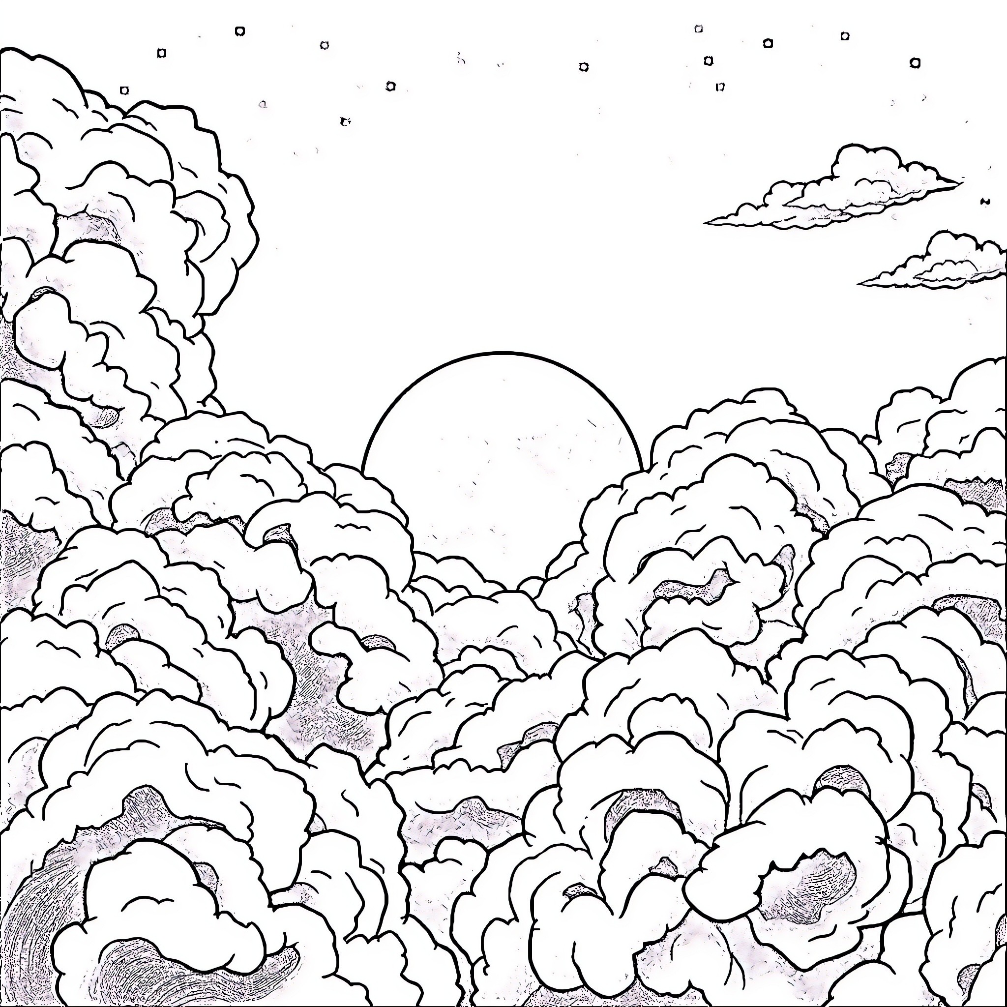 Moon rising among cloudy skies Coloring Page (free black-and-white line drawing printable PDF for all, from beginners to advanced learners, including children, teens, adults, and seniors)