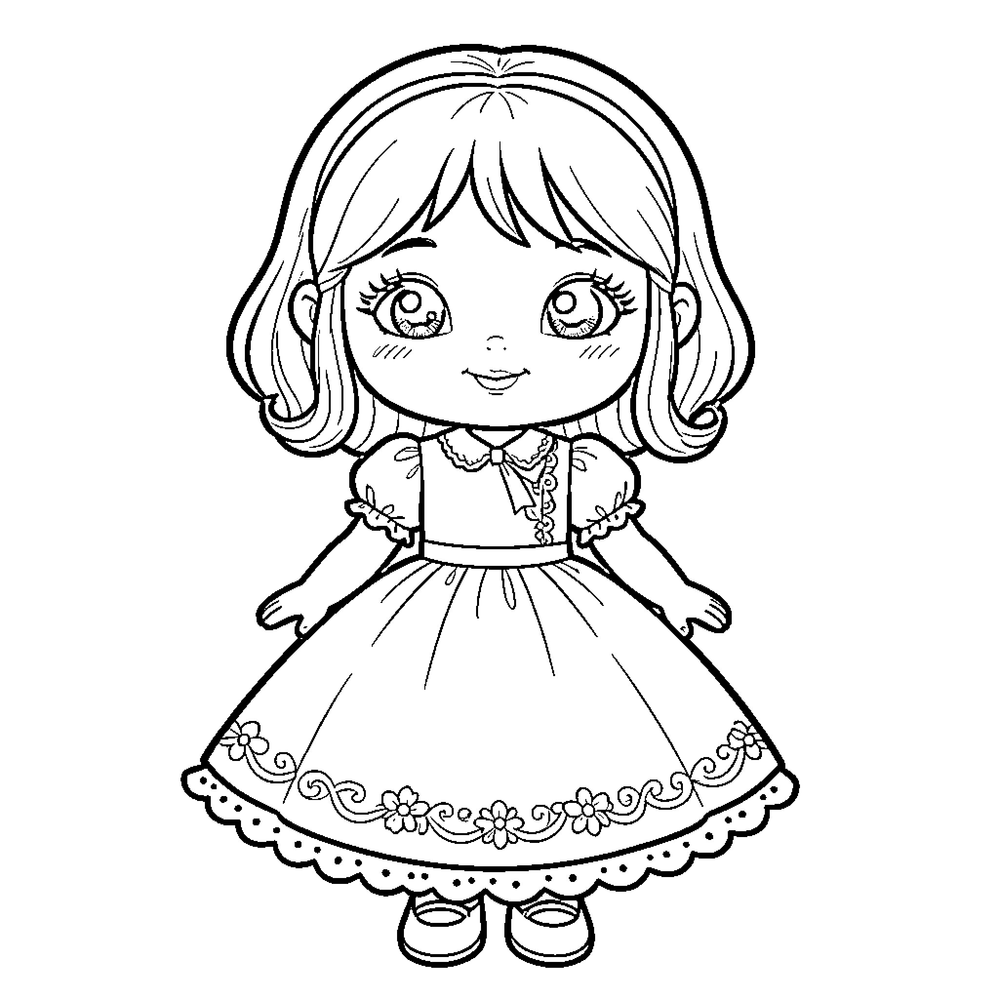 Doll in a cute floral dress Coloring Page (free black-and-white line drawing printable PDF for all, from beginners to advanced learners, including children, teens, adults, and seniors)