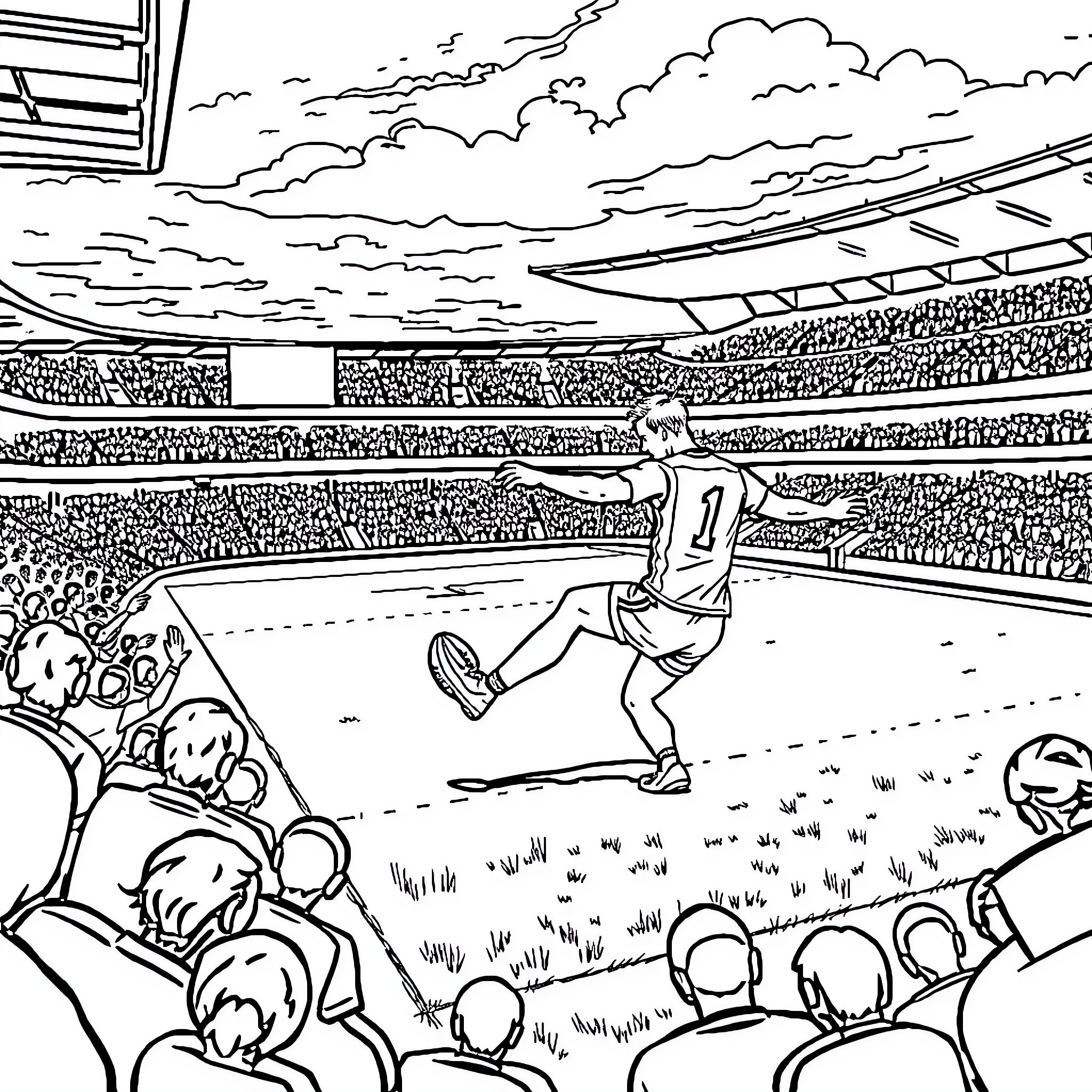 Jordan Dawson Plays in Competitive Sports Stadium Coloring Page (free black-and-white line drawing printable PDF for all, from beginners to advanced learners, including children, teens, adults, and seniors)
