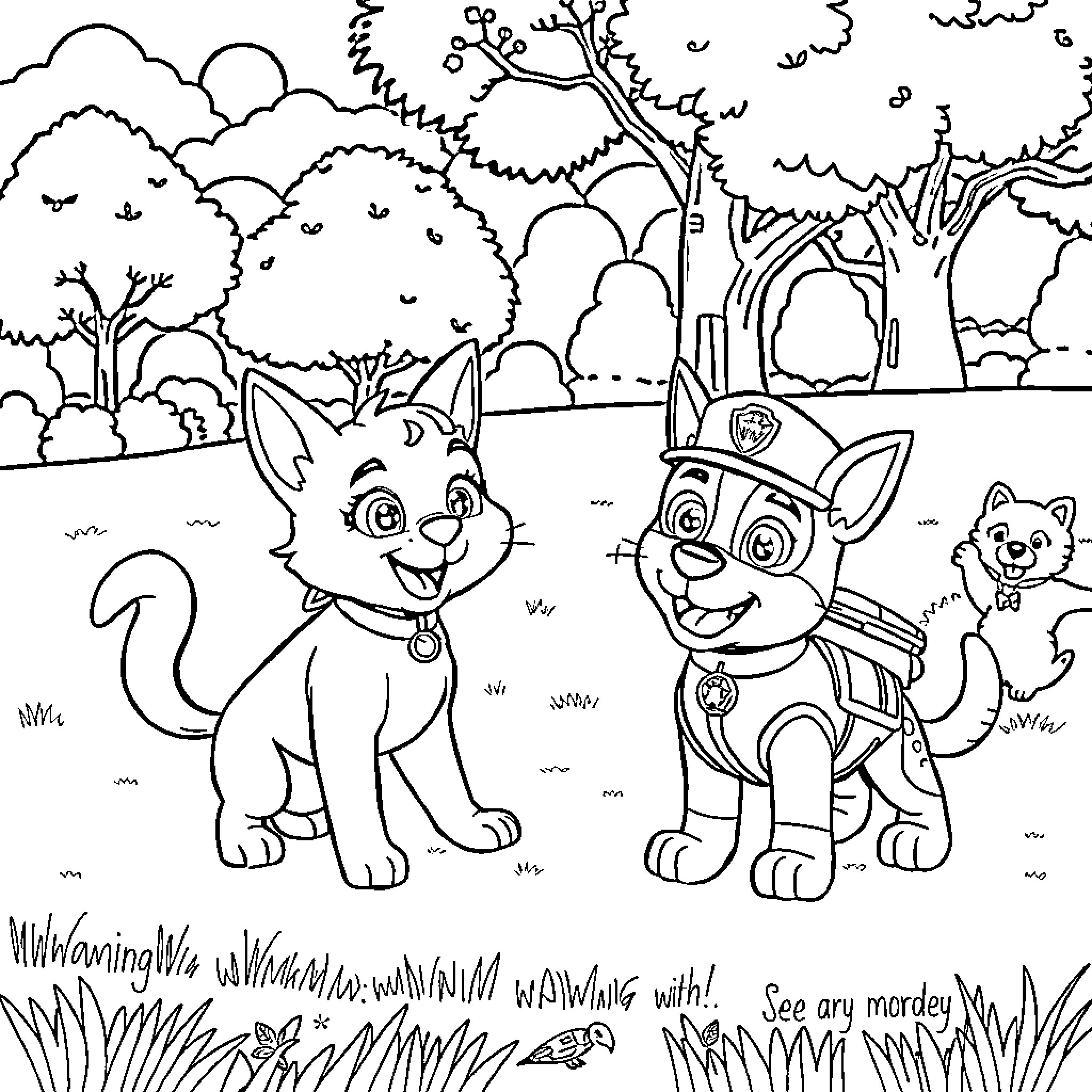 Gaby's Playful Adventure with Paw Patrol Puppies Coloring Page (free black-and-white line drawing printable PDF for all, from beginners to advanced learners, including children, teens, adults, and seniors)
