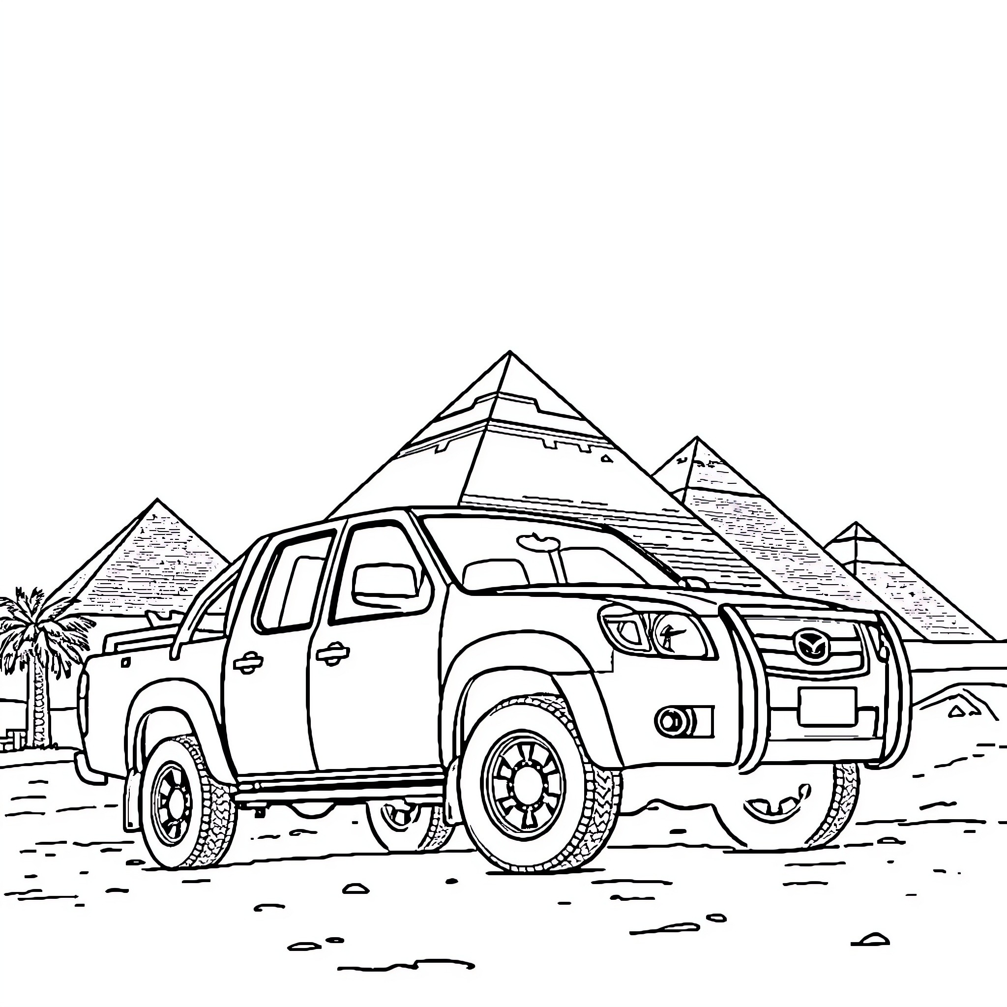 Mazda pickup truck exploring pyramids landscape Coloring Page (free black-and-white line drawing printable PDF for all, from beginners to advanced learners, including children, teens, adults, and seniors)