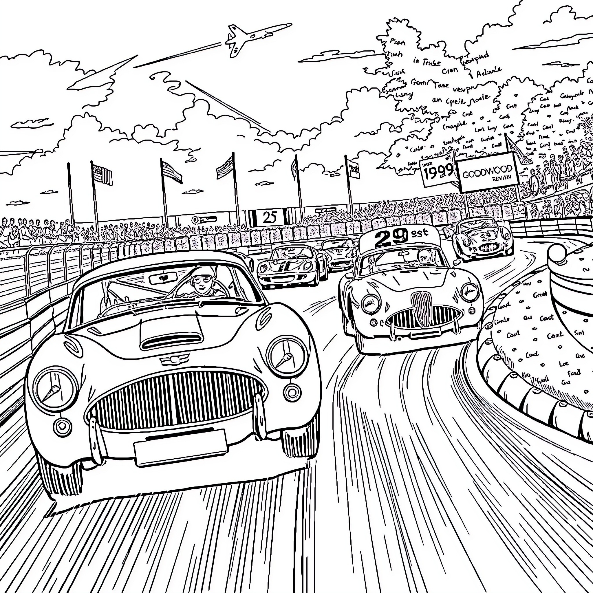 Goodwood race cars speeding on the track Coloring Page (free black-and-white line drawing printable PDF for all, from beginners to advanced learners, including children, teens, adults, and seniors)