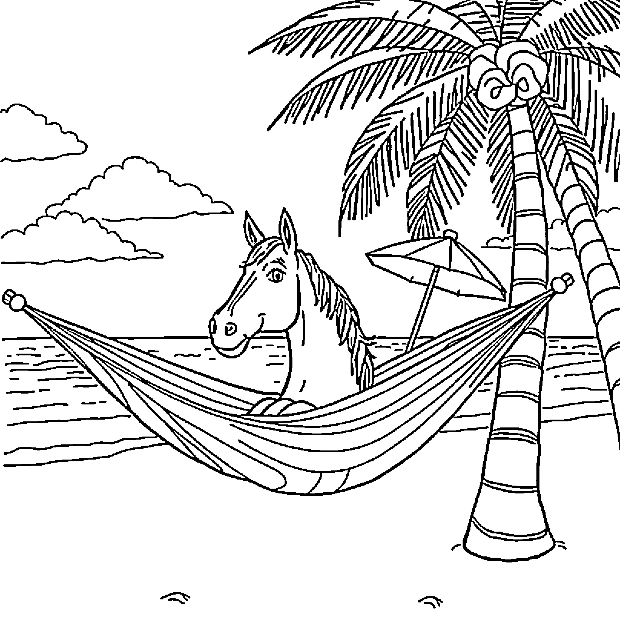 Horse relaxing in a hammock under palm trees Coloring Page (free black-and-white line drawing printable PDF for all, from beginners to advanced learners, including children, teens, adults, and seniors)