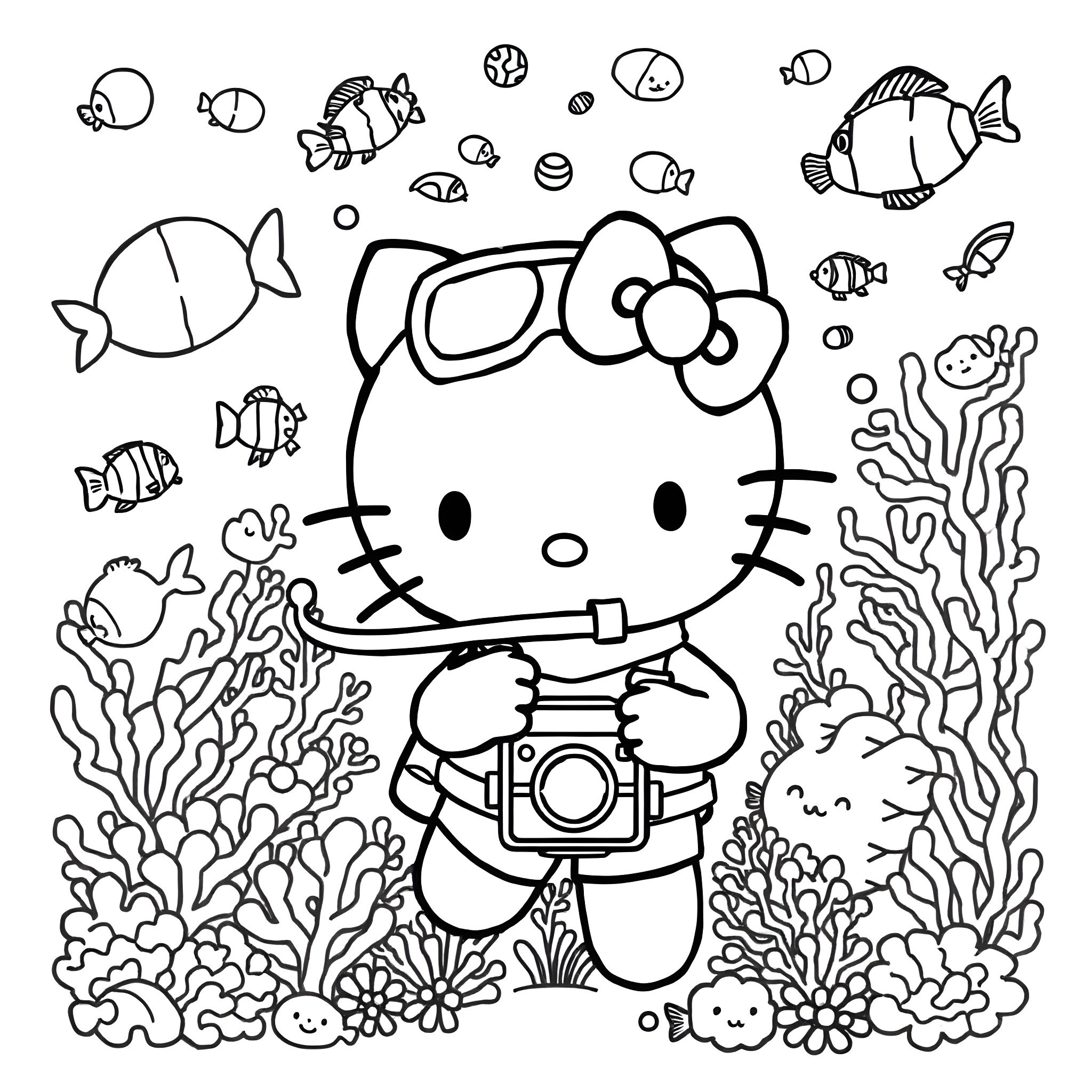 Hello Kitty exploring underwater world with camera Coloring Page (free black-and-white line drawing printable PDF for all, from beginners to advanced learners, including children, teens, adults, and seniors)