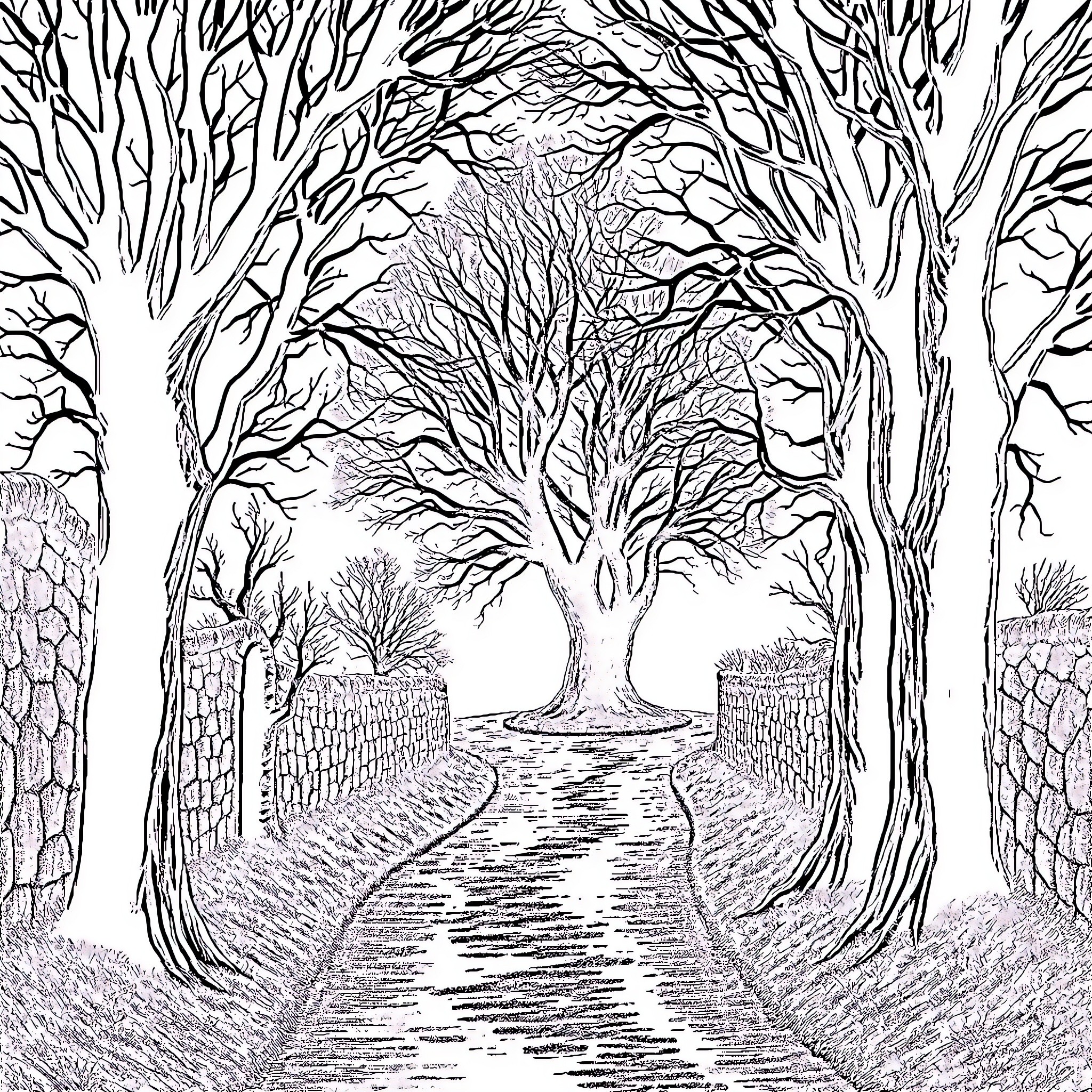 Mystery Path Through Enchanted Winter Woodland Coloring Page (free black-and-white line drawing printable PDF for all, from beginners to advanced learners, including children, teens, adults, and seniors)