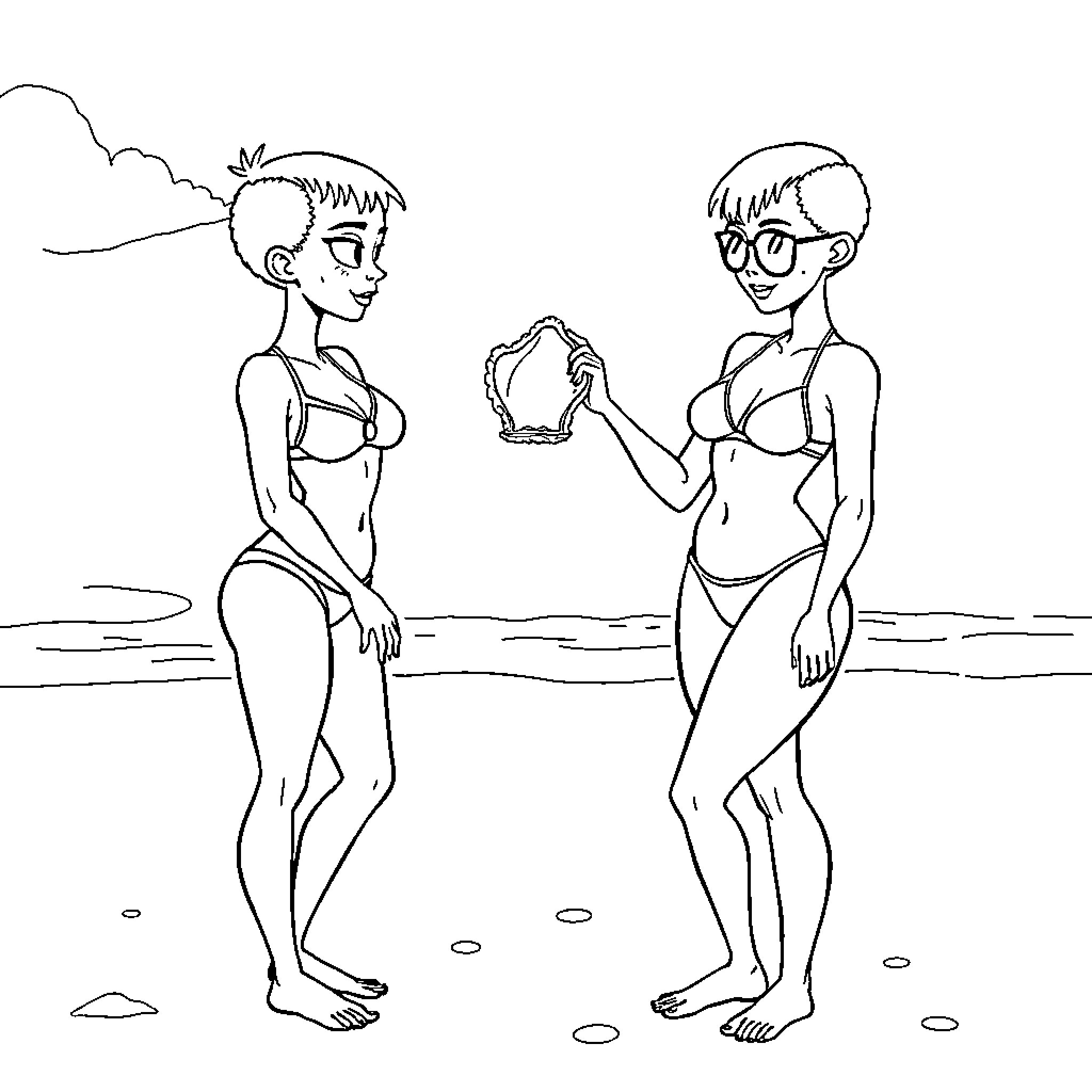 Lady friends enjoy beach day together Coloring Page (free black-and-white line drawing printable PDF for all, from beginners to advanced learners, including children, teens, adults, and seniors)
