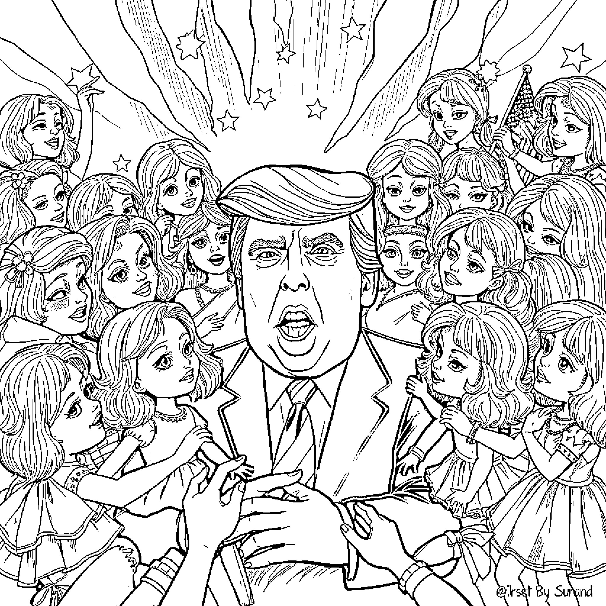 Donald Trump surrounded by animated female figures in a whimsical scene Coloring Page (free black-and-white line drawing printable PDF for all, from beginners to advanced learners, including children, teens, adults, and seniors)