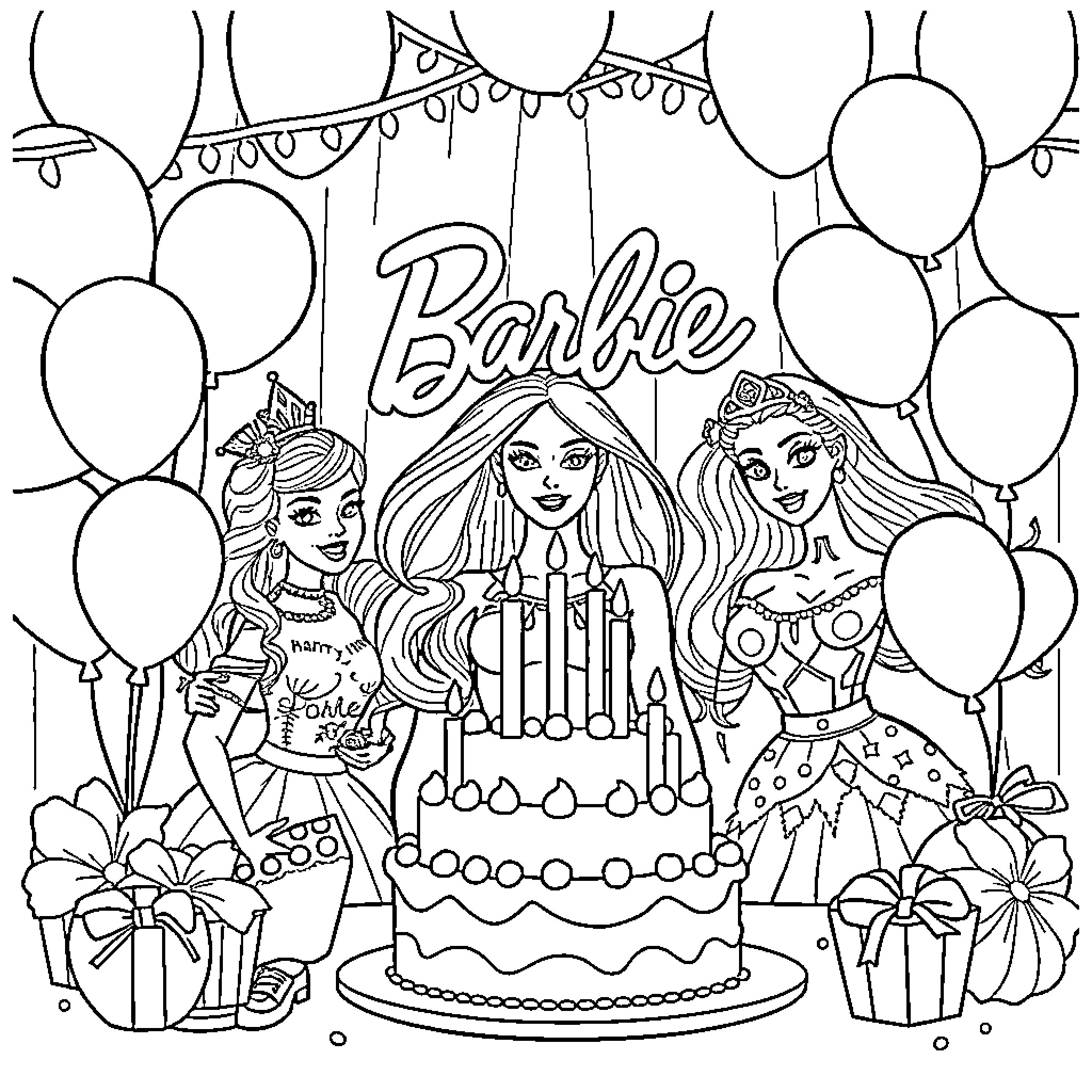 Barbie's Birthday Celebration with Friends Coloring Page (free black-and-white line drawing printable PDF for all, from beginners to advanced learners, including children, teens, adults, and seniors)