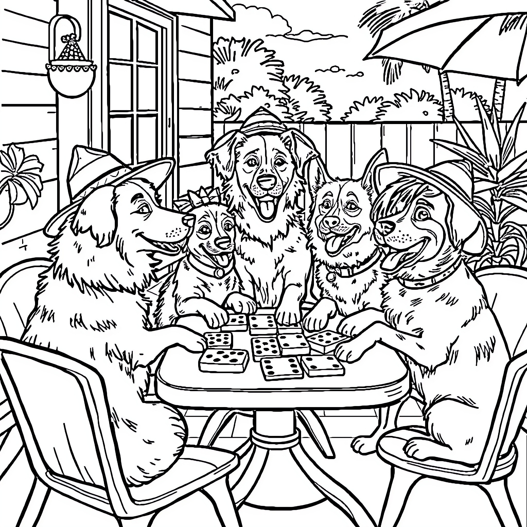 Dog friends playing dominoes outside Coloring Page (free black-and-white line drawing printable PDF for all, from beginners to advanced learners, including children, teens, adults, and seniors)