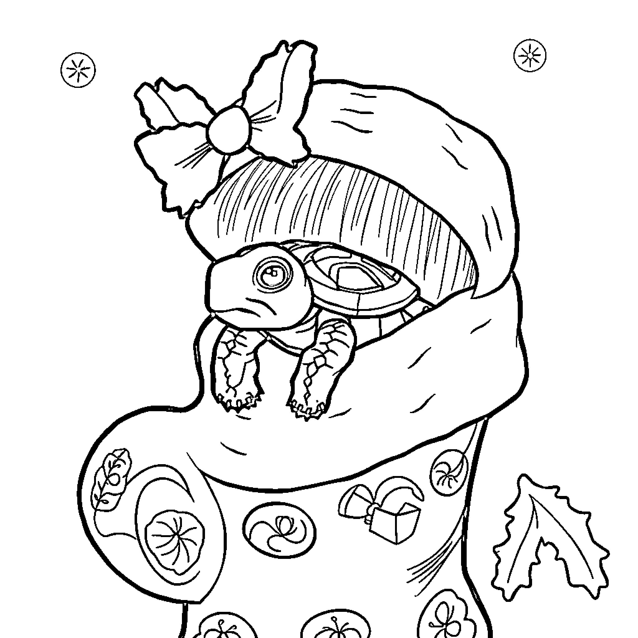 Tortoise wearing a festive hat with a bow Coloring Page (free black-and-white line drawing printable PDF for all, from beginners to advanced learners, including children, teens, adults, and seniors)