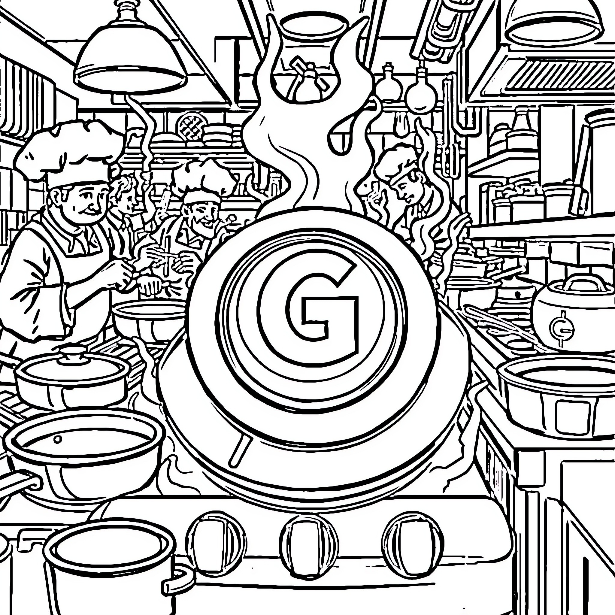 Kitchen Chaos: Bustling Chefs and Eccentric Cooking Coloring Page (free black-and-white line drawing printable PDF for all, from beginners to advanced learners, including children, teens, adults, and seniors)