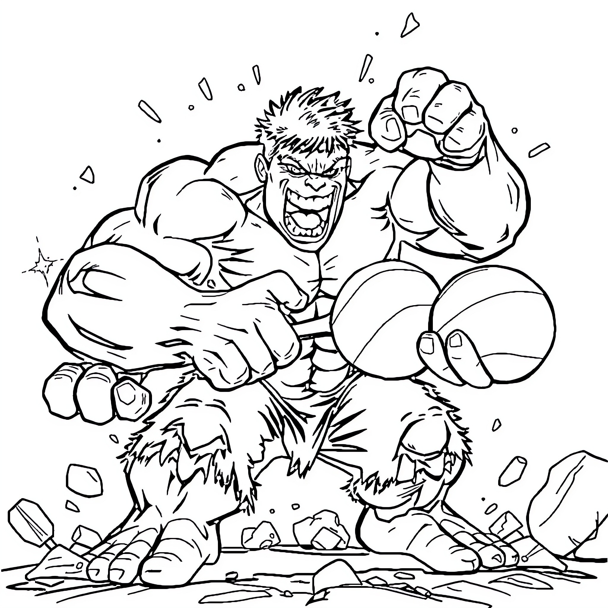 Hulk Unleashing Powerful Punch in Intense Scene Coloring Page (free black-and-white line drawing printable PDF for all, from beginners to advanced learners, including children, teens, adults, and seniors)