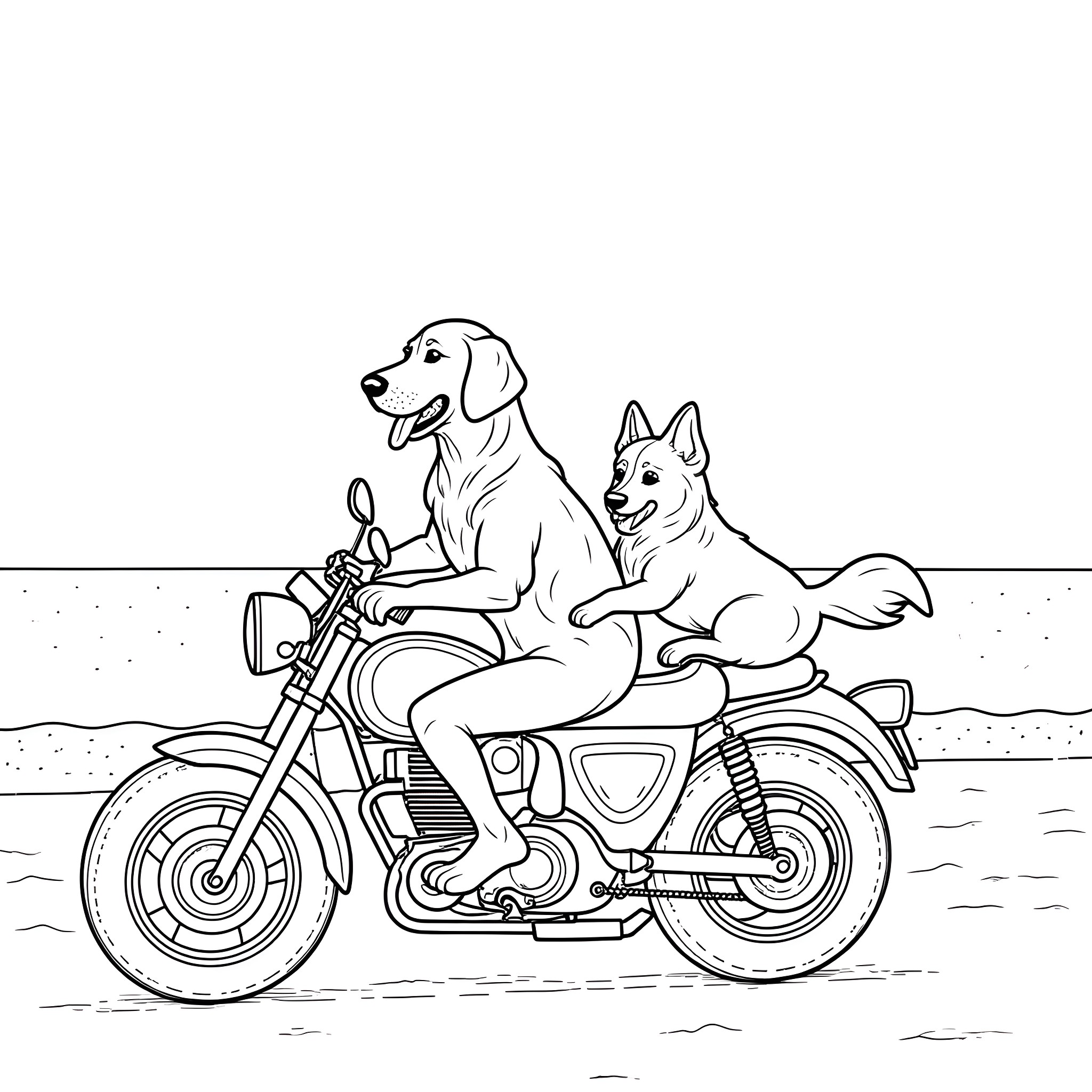 Dogs riding motorcycle together Coloring Page (free black-and-white line drawing printable PDF for all, from beginners to advanced learners, including children, teens, adults, and seniors)