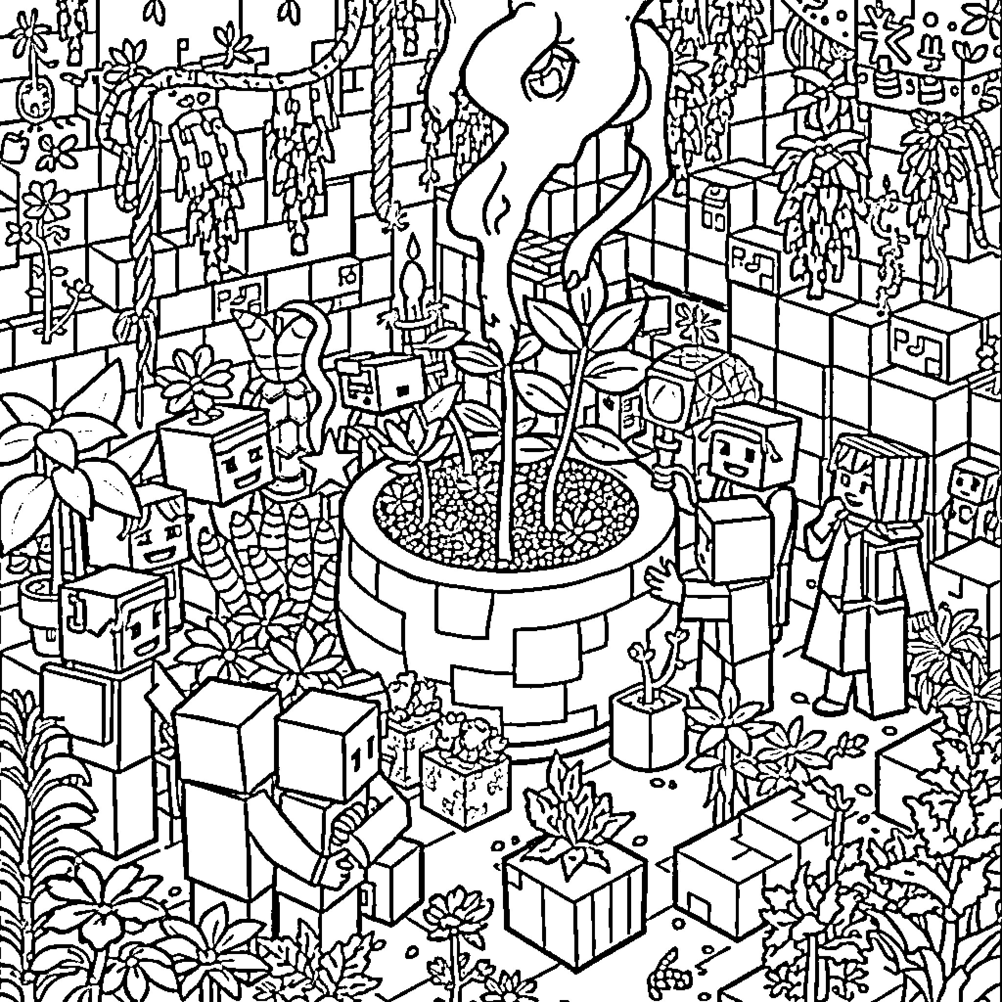 Pot filled with gifts and decorations amid chaotic scenery Coloring Page (free black-and-white line drawing printable PDF for all, from beginners to advanced learners, including children, teens, adults, and seniors)