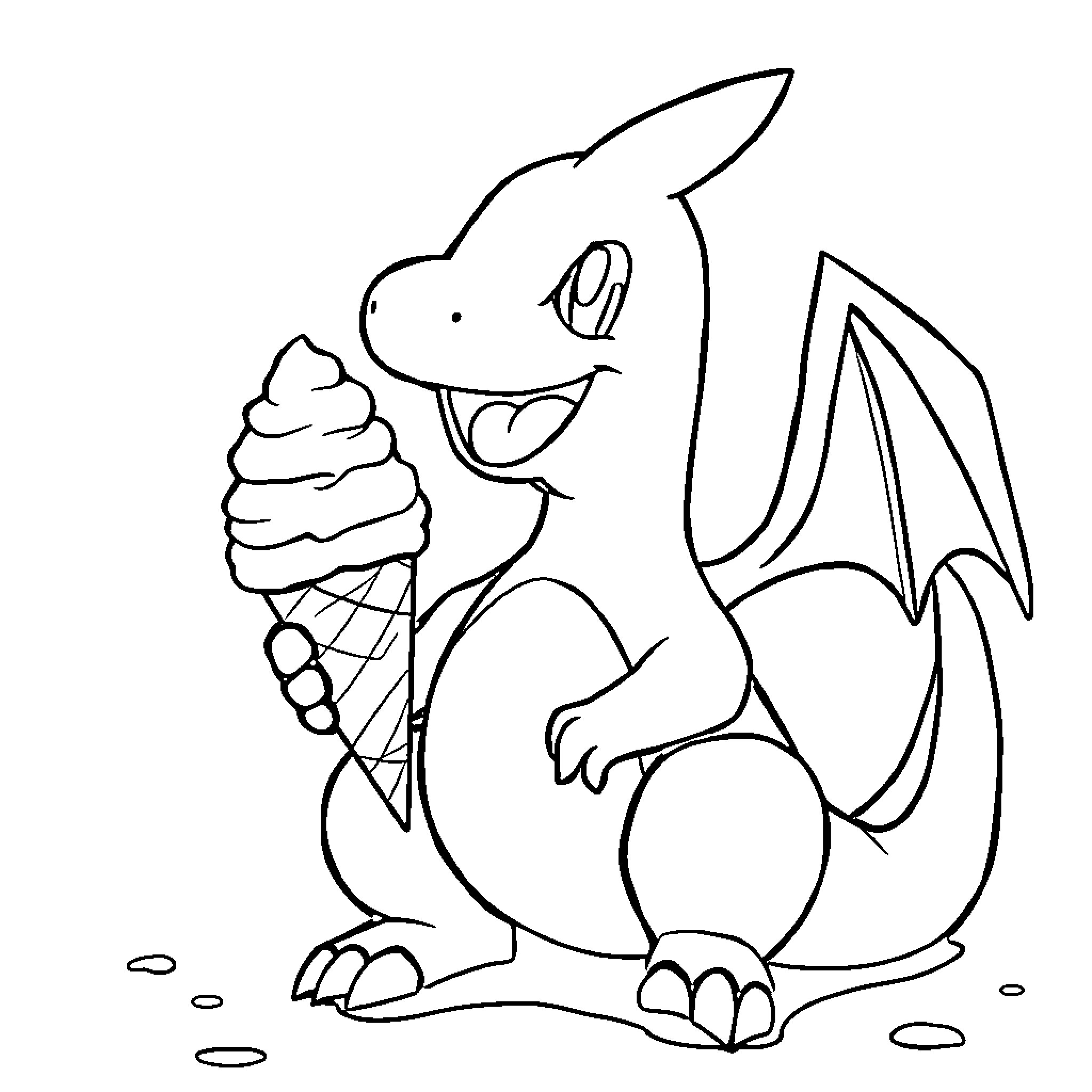 Charizard enjoying an ice cream cone Coloring Page (free black-and-white line drawing printable PDF for all, from beginners to advanced learners, including children, teens, adults, and seniors)