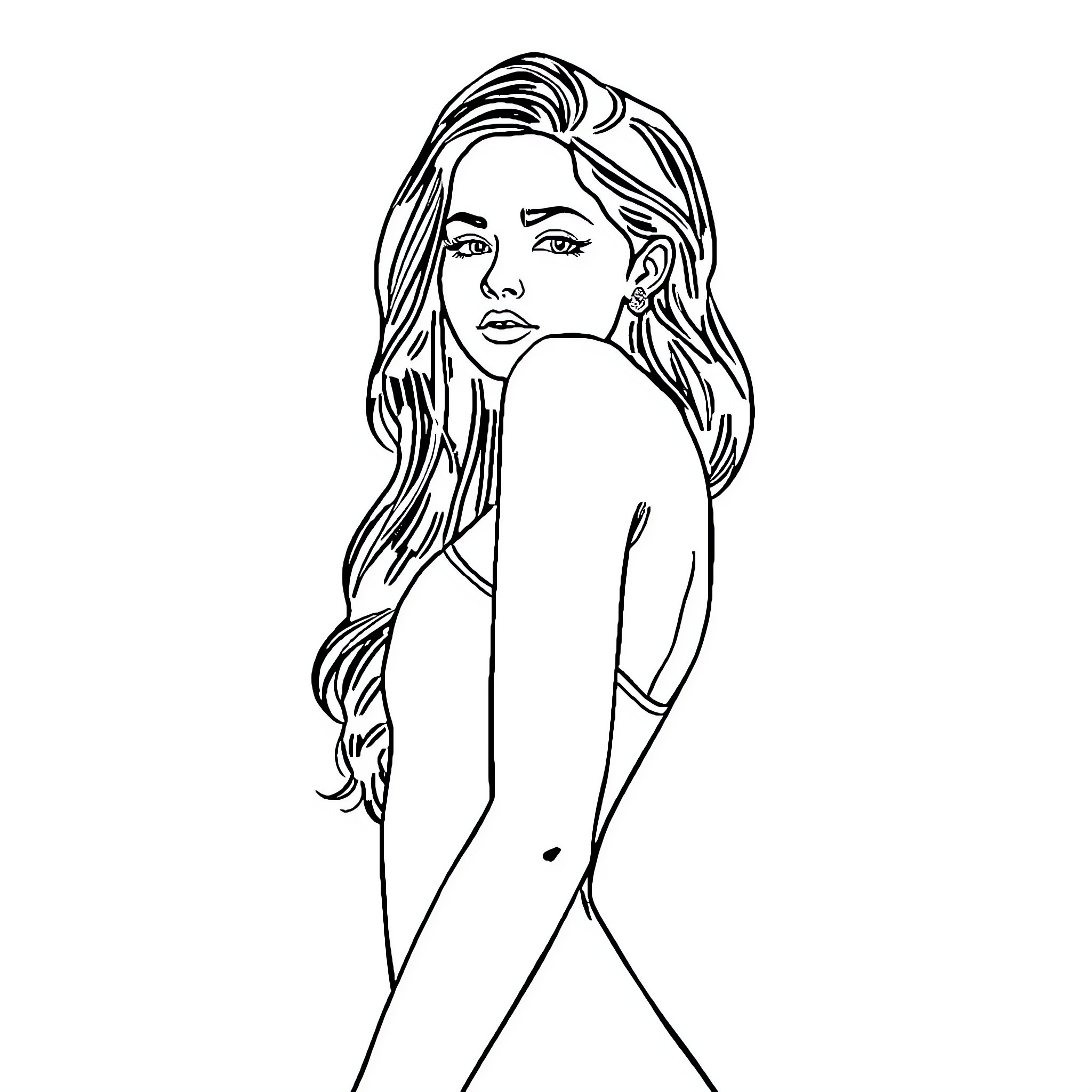 Woman with flowing hair in thoughtful pose Coloring Page (free black-and-white line drawing printable PDF for all, from beginners to advanced learners, including children, teens, adults, and seniors)