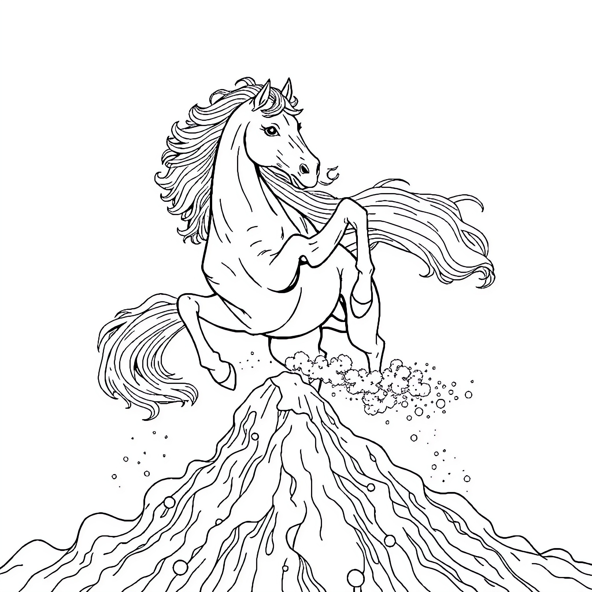 Horse galloping through magical landscape Coloring Page (free black-and-white line drawing printable PDF for all, from beginners to advanced learners, including children, teens, adults, and seniors)