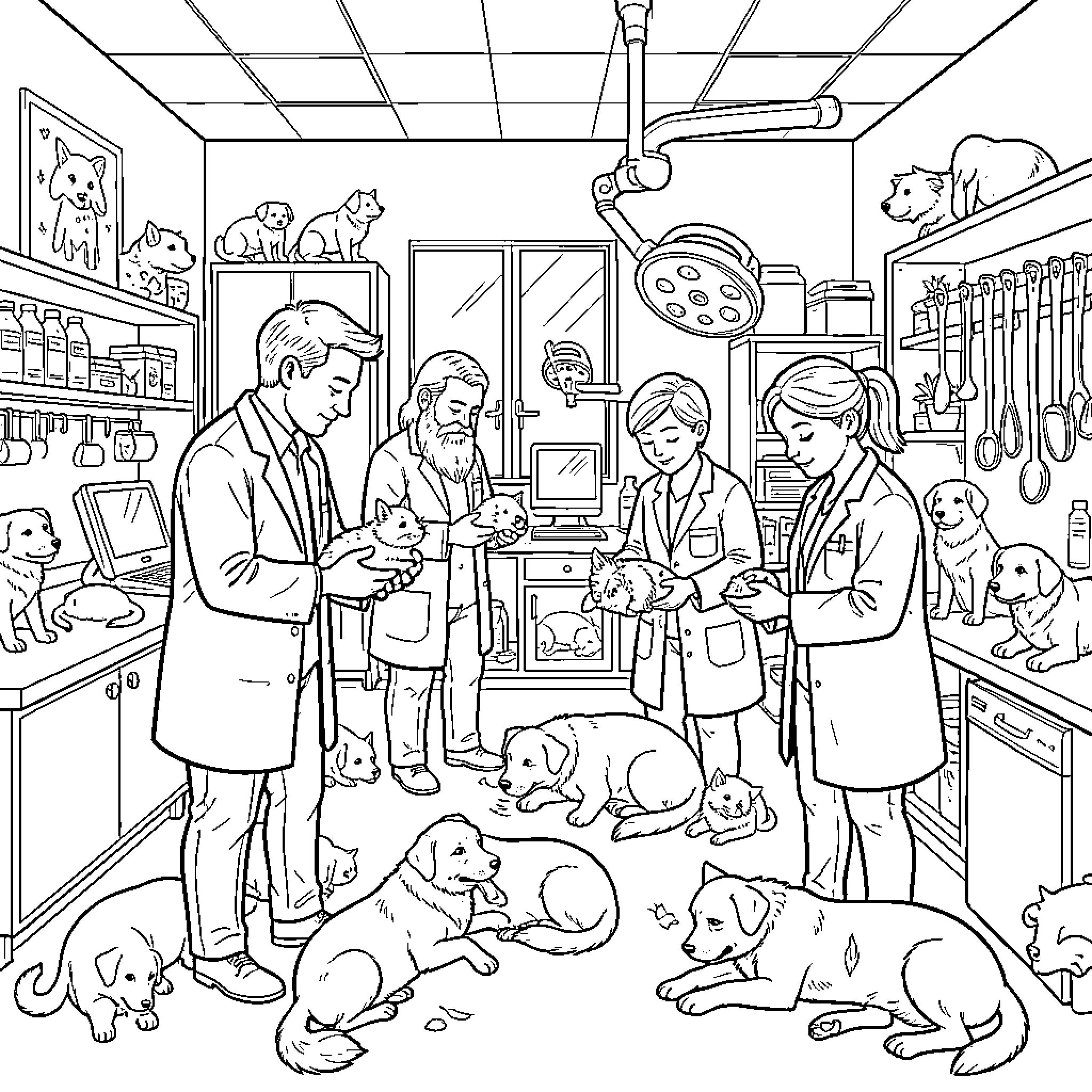 Veterinarian Examining Pets with Team in Clinic Coloring Page (free black-and-white line drawing printable PDF for all, from beginners to advanced learners, including children, teens, adults, and seniors)