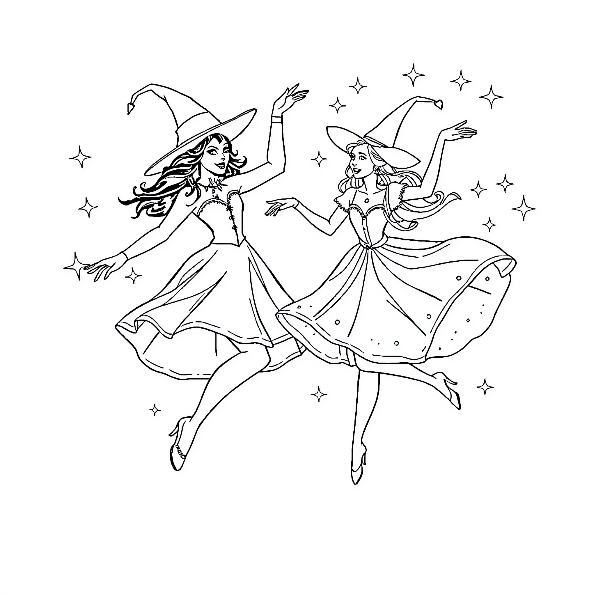 Character Witches Dancing Whimsically Under the Stars Coloring Page (free black-and-white line drawing printable PDF for all, from beginners to advanced learners, including children, teens, adults, and seniors)