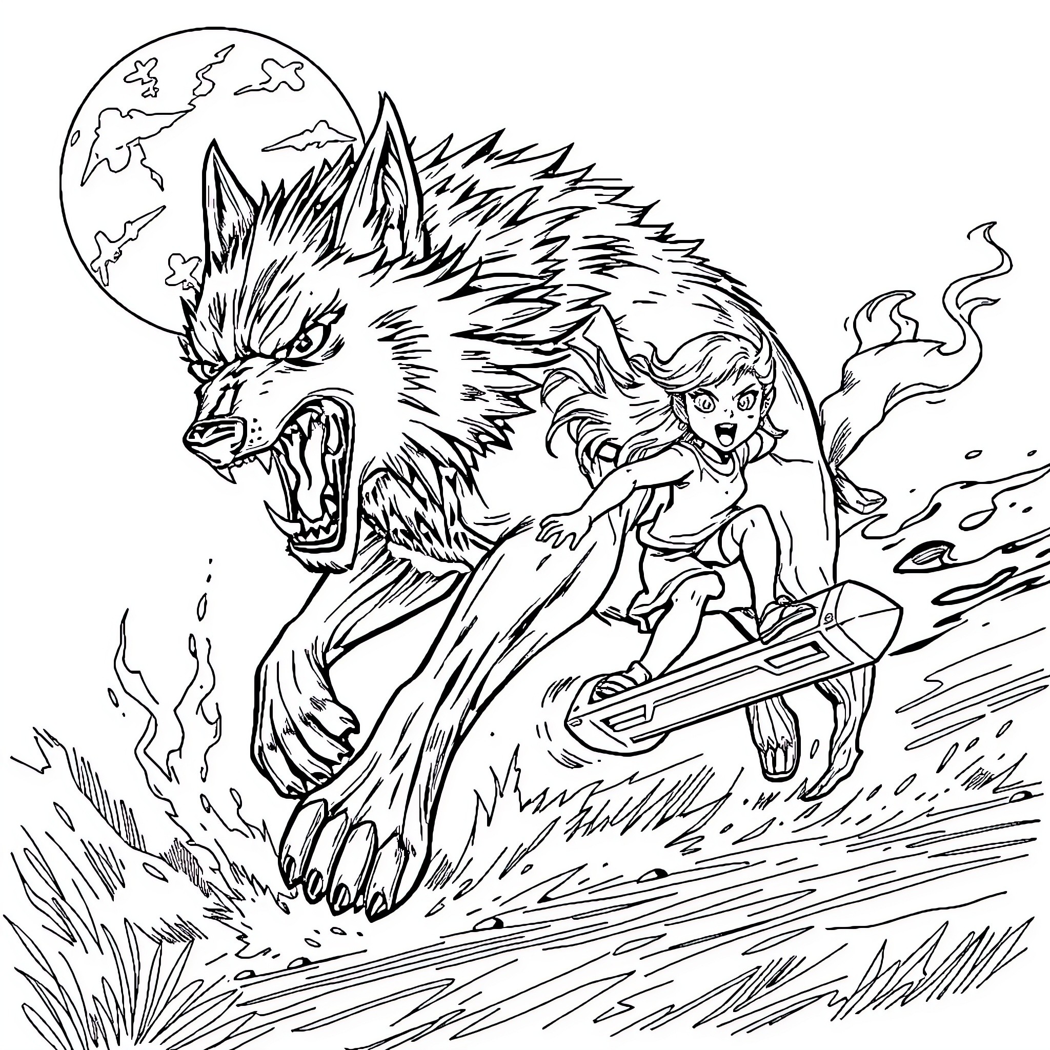 Wolf and child racing through the wilderness Coloring Page (free black-and-white line drawing printable PDF for all, from beginners to advanced learners, including children, teens, adults, and seniors)