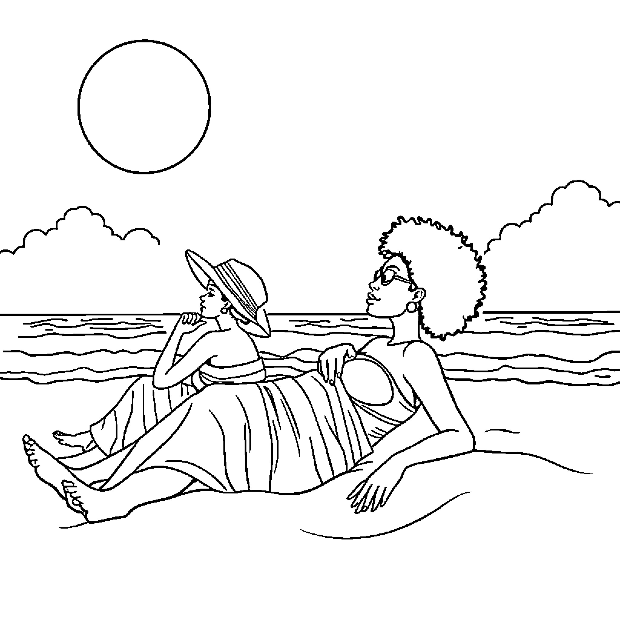 Woman relaxing on the beach with companion Coloring Page (free black-and-white line drawing printable PDF for all, from beginners to advanced learners, including children, teens, adults, and seniors)