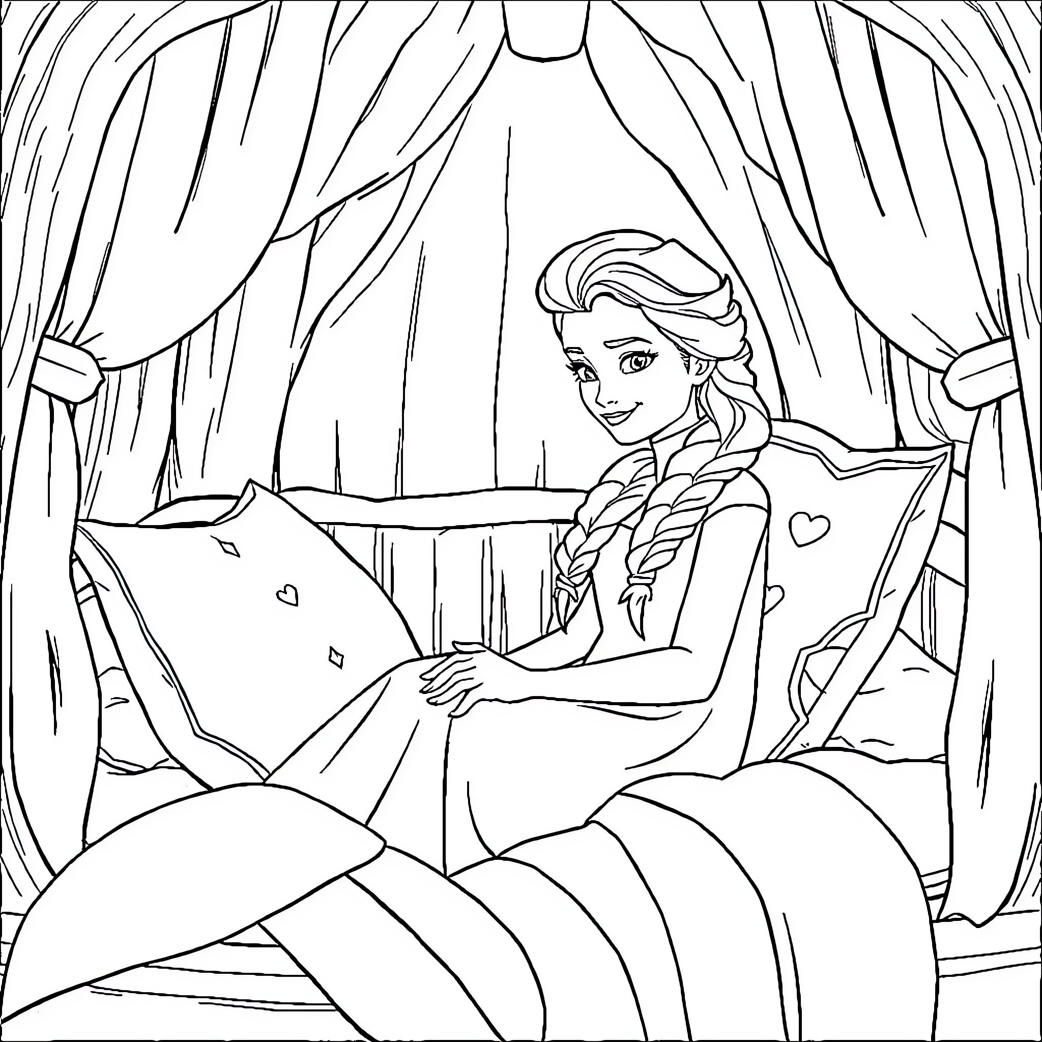 Elsa's Storybook Moment Coloring Page (free black-and-white line drawing printable PDF for all, from beginners to advanced learners, including children, teens, adults, and seniors)