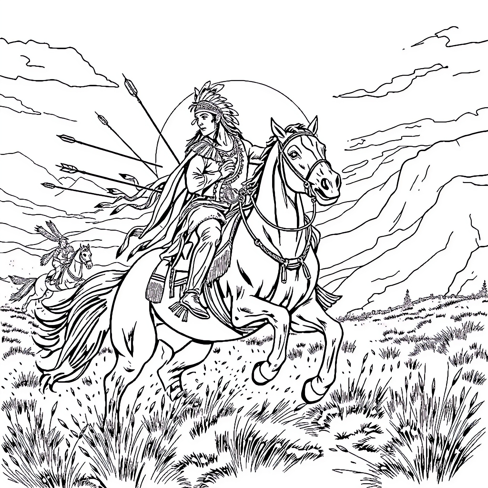 Native American warrior riding a horse with arrows Coloring Page (free black-and-white line drawing printable PDF for all, from beginners to advanced learners, including children, teens, adults, and seniors)