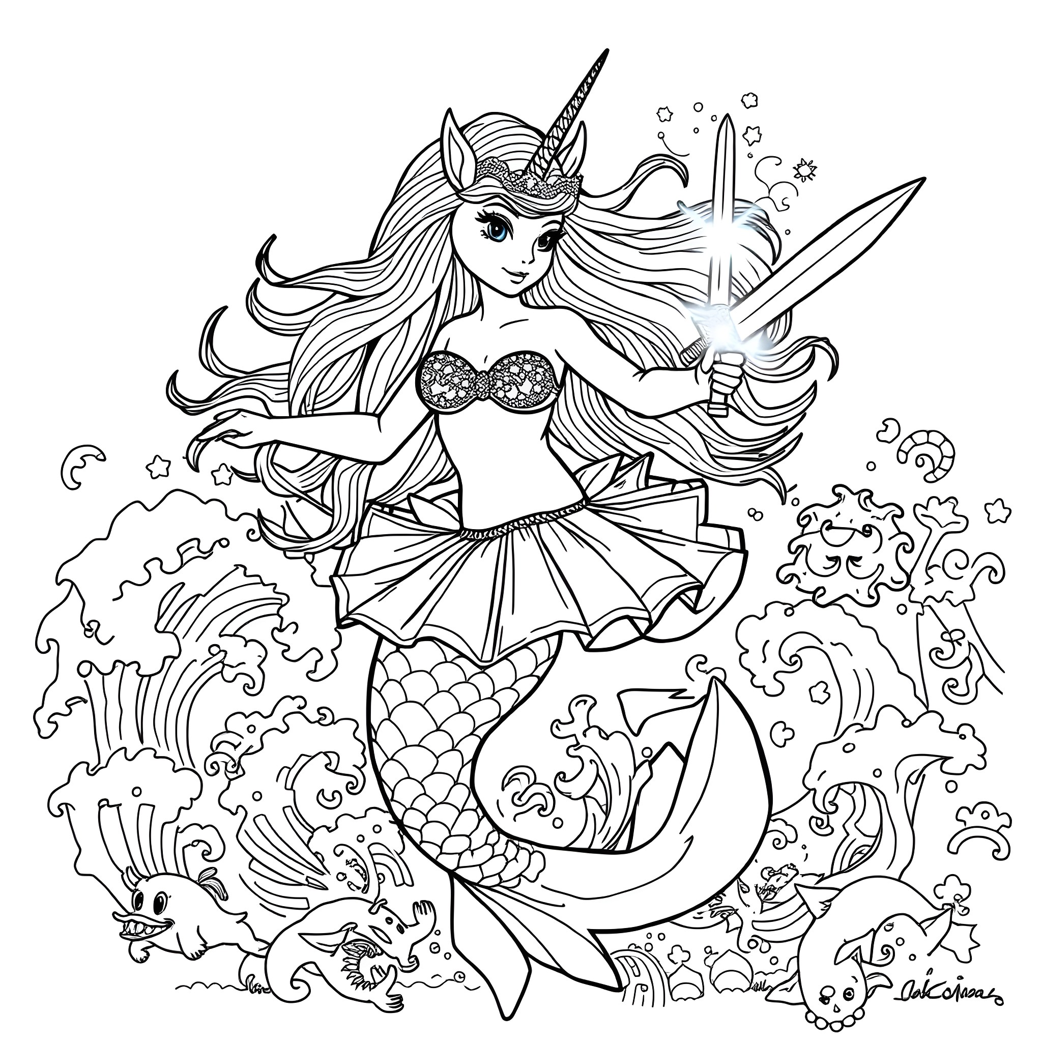 Unicorn Mermaid Warrior Battling Mythical Creatures Coloring Page (free black-and-white line drawing printable PDF for all, from beginners to advanced learners, including children, teens, adults, and seniors)
