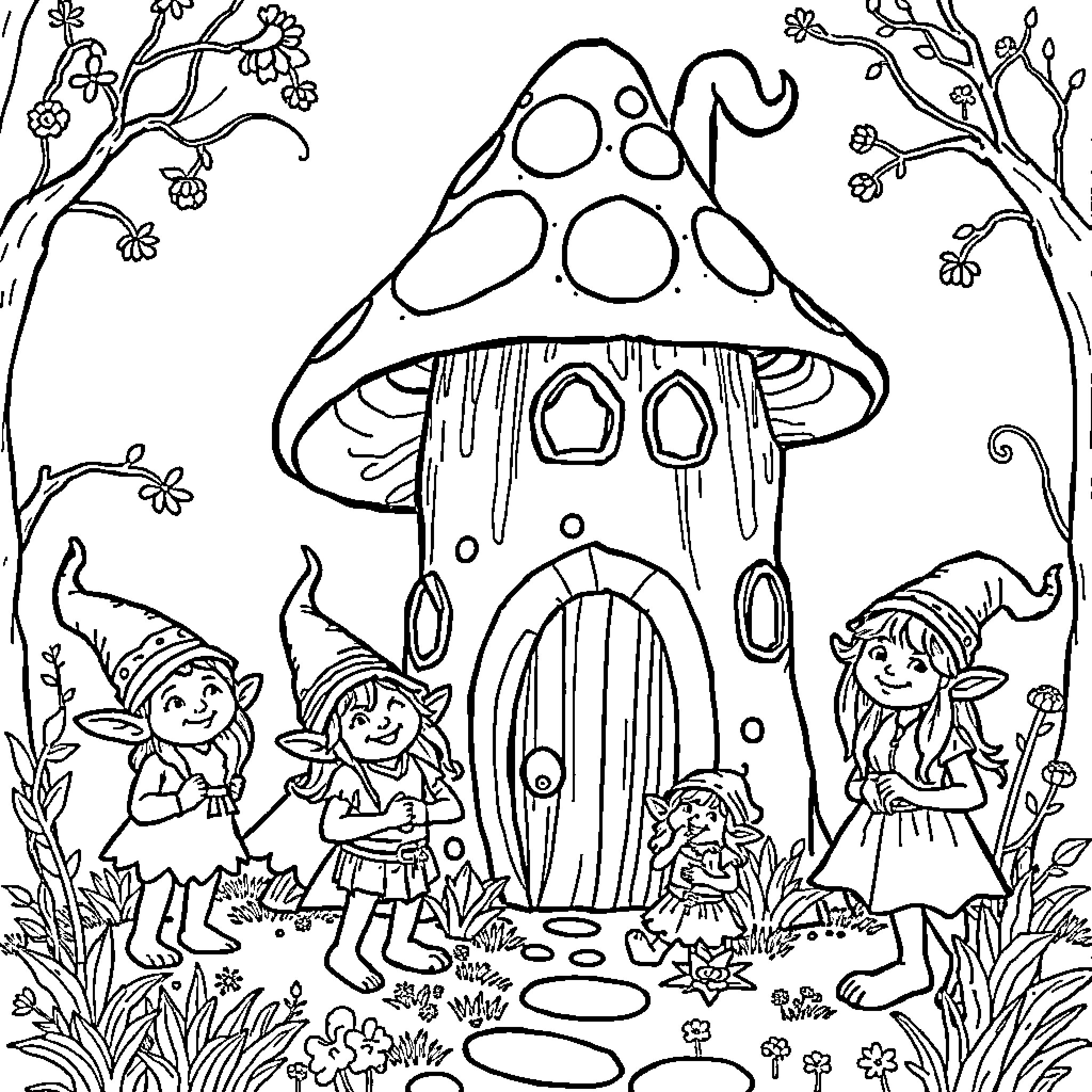 Elf Friends Explore Whimsical Mushroom House Coloring Page (free black-and-white line drawing printable PDF for all, from beginners to advanced learners, including children, teens, adults, and seniors)