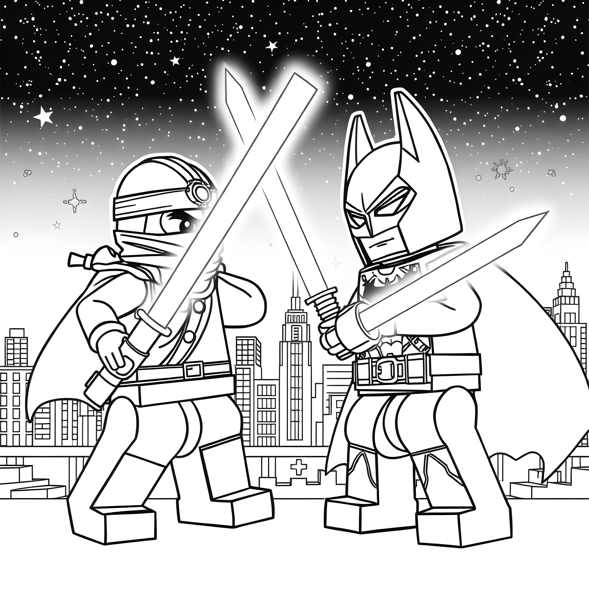 Ninjago heroes in epic battle against the city Coloring Page (free black-and-white line drawing printable PDF for all, from beginners to advanced learners, including children, teens, adults, and seniors)