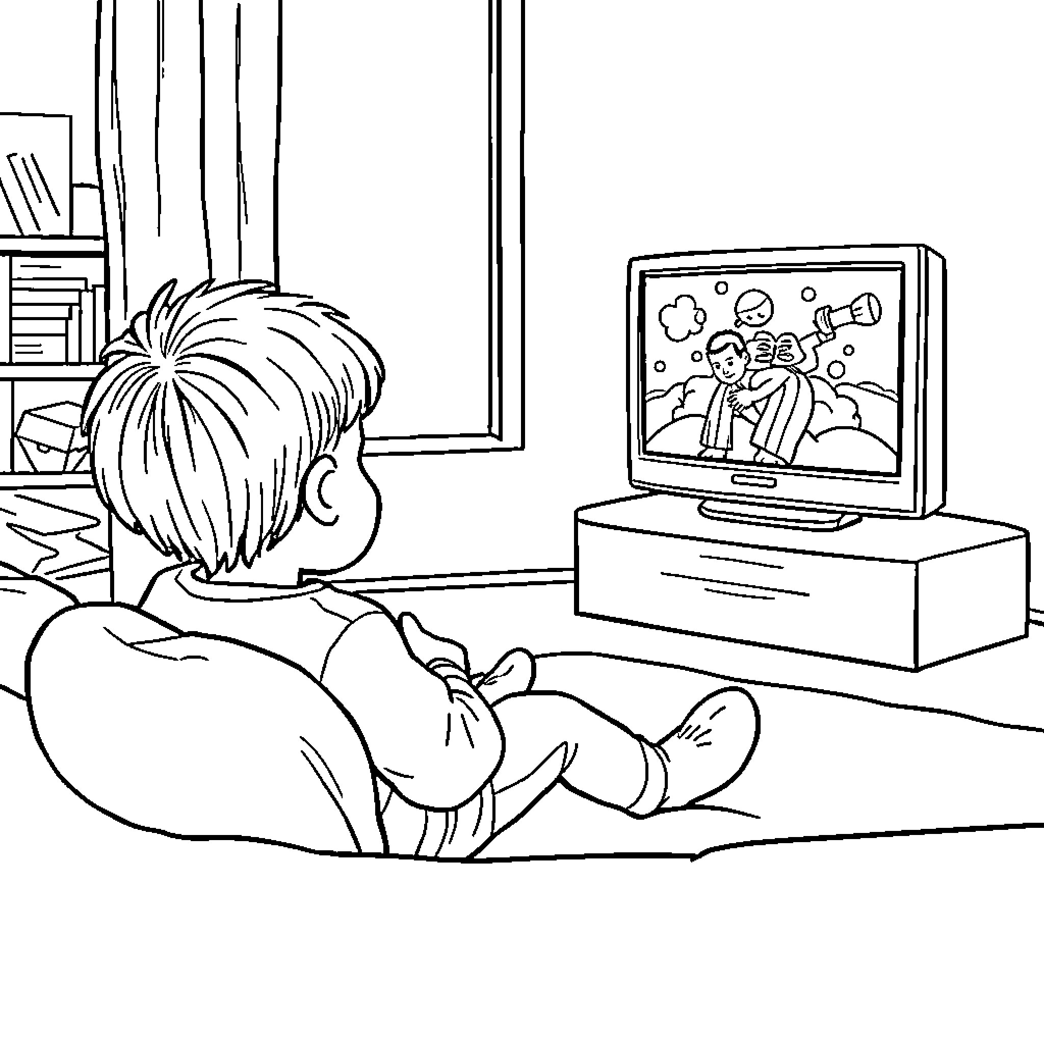 Child watching cartoons on television Coloring Page (free black-and-white line drawing printable PDF for all, from beginners to advanced learners, including children, teens, adults, and seniors)
