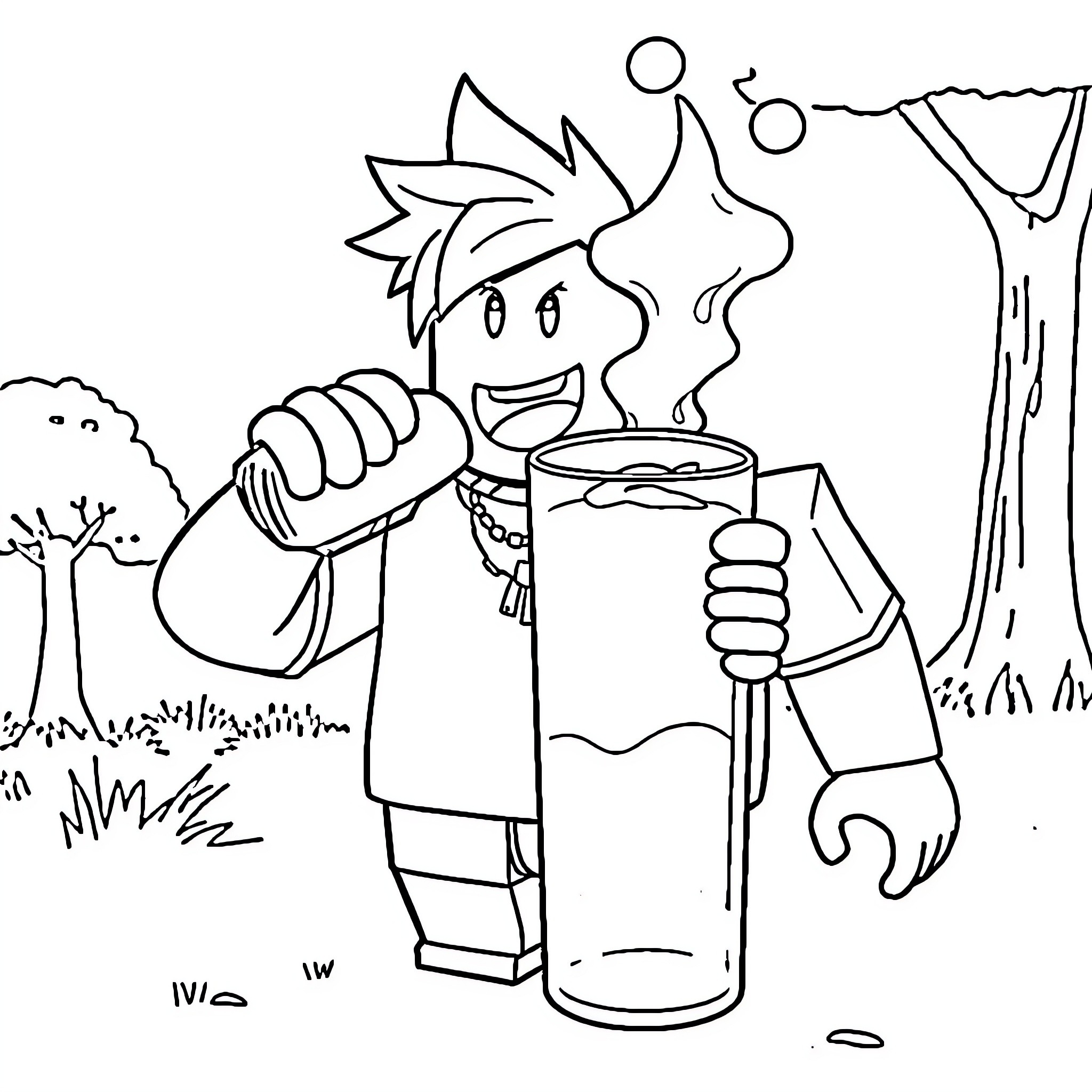 Roblox Character Enjoying a Hot Drink in the Outdoors Coloring Page (free black-and-white line drawing printable PDF for all, from beginners to advanced learners, including children, teens, adults, and seniors)