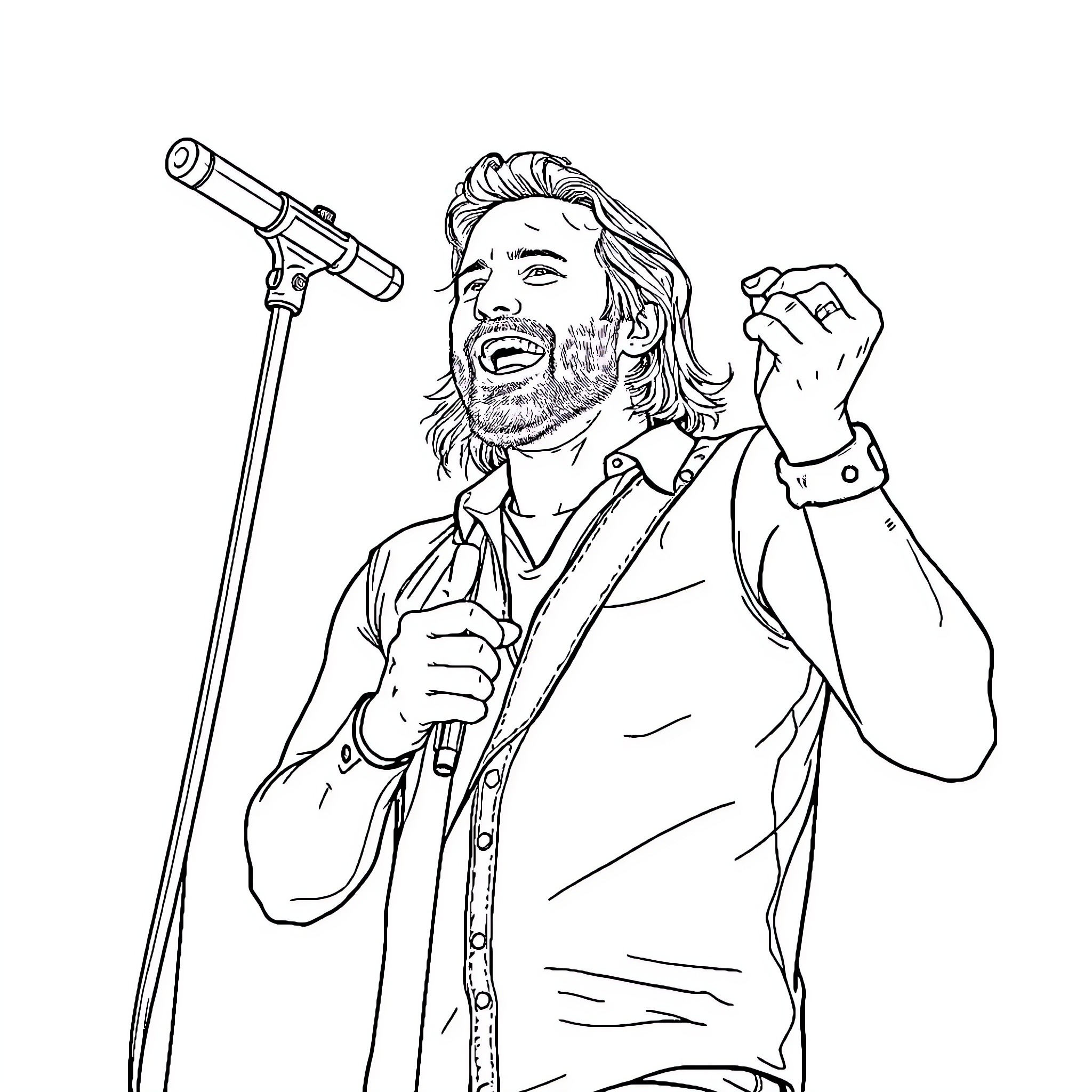 Chad Kroeger Performing on Stage with Passion Coloring Page (free black-and-white line drawing printable PDF for all, from beginners to advanced learners, including children, teens, adults, and seniors)