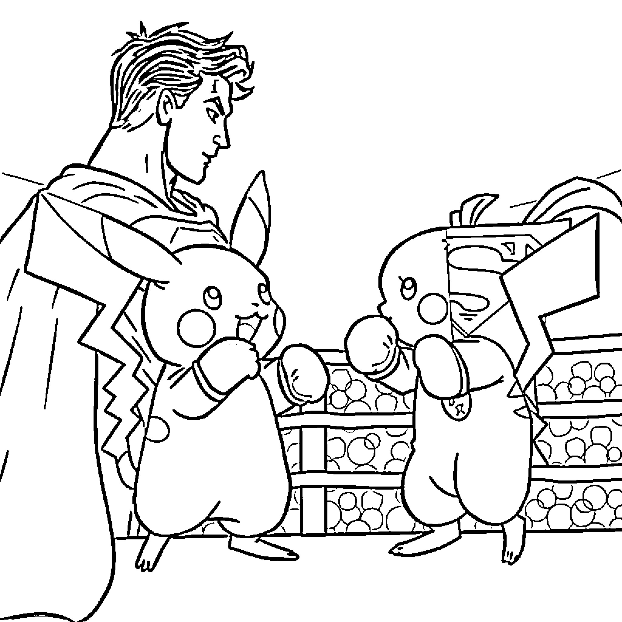 Pikachu and friends in an adventure Coloring Page (free black-and-white line drawing printable PDF for all, from beginners to advanced learners, including children, teens, adults, and seniors)