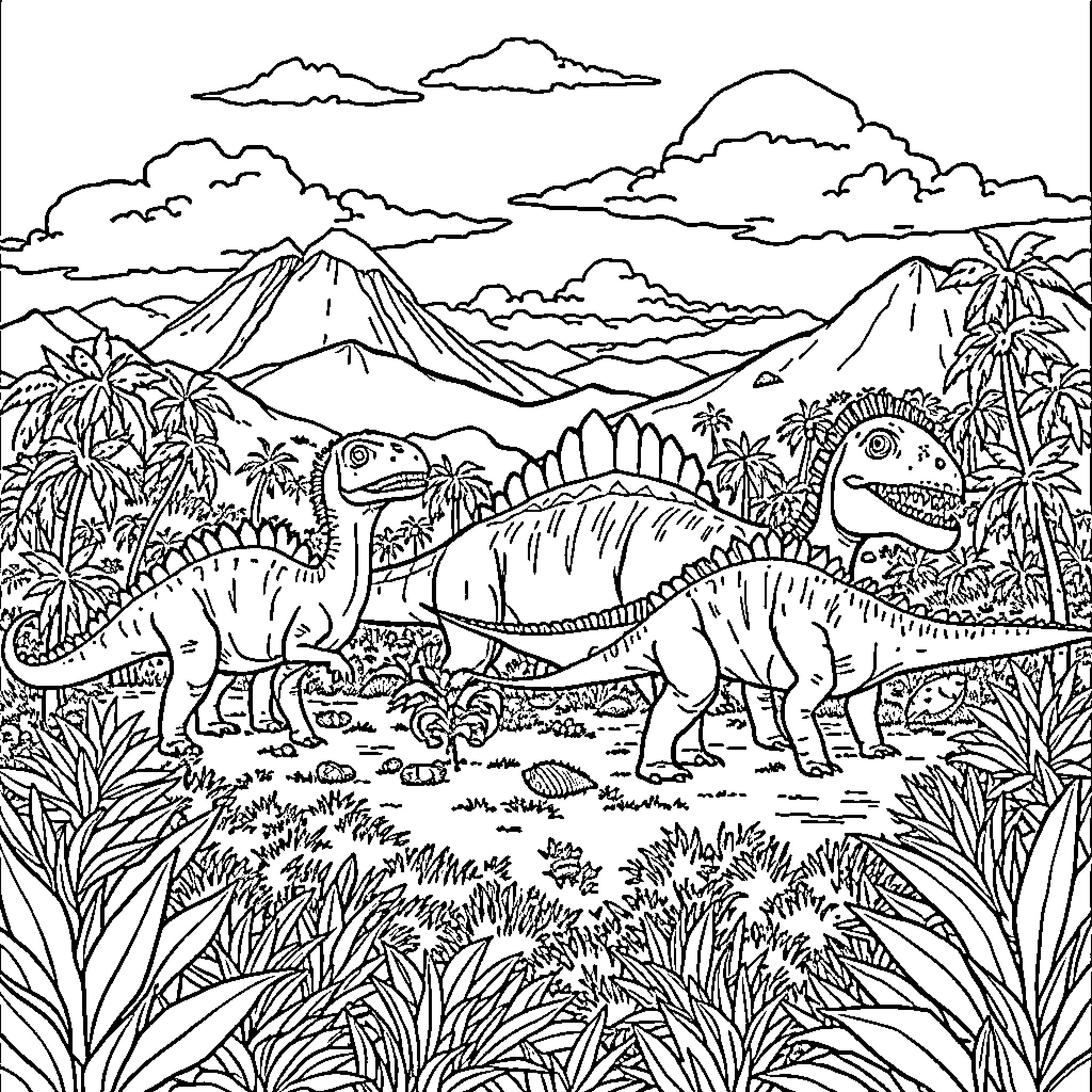 Dinosaurs roaming in a lush prehistoric landscape Coloring Page (free black-and-white line drawing printable PDF for all, from beginners to advanced learners, including children, teens, adults, and seniors)