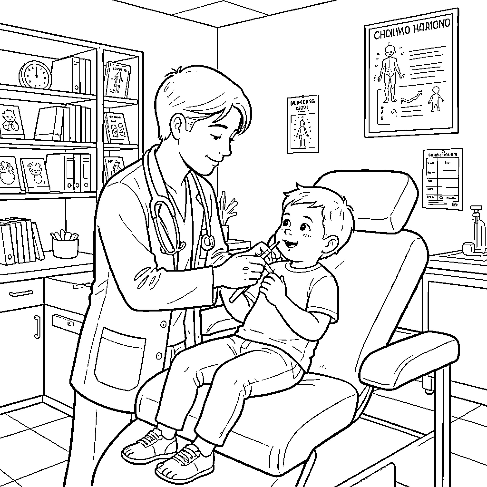 Pediatrician examining and caring for young patient Coloring Page (free black-and-white line drawing printable PDF for all, from beginners to advanced learners, including children, teens, adults, and seniors)