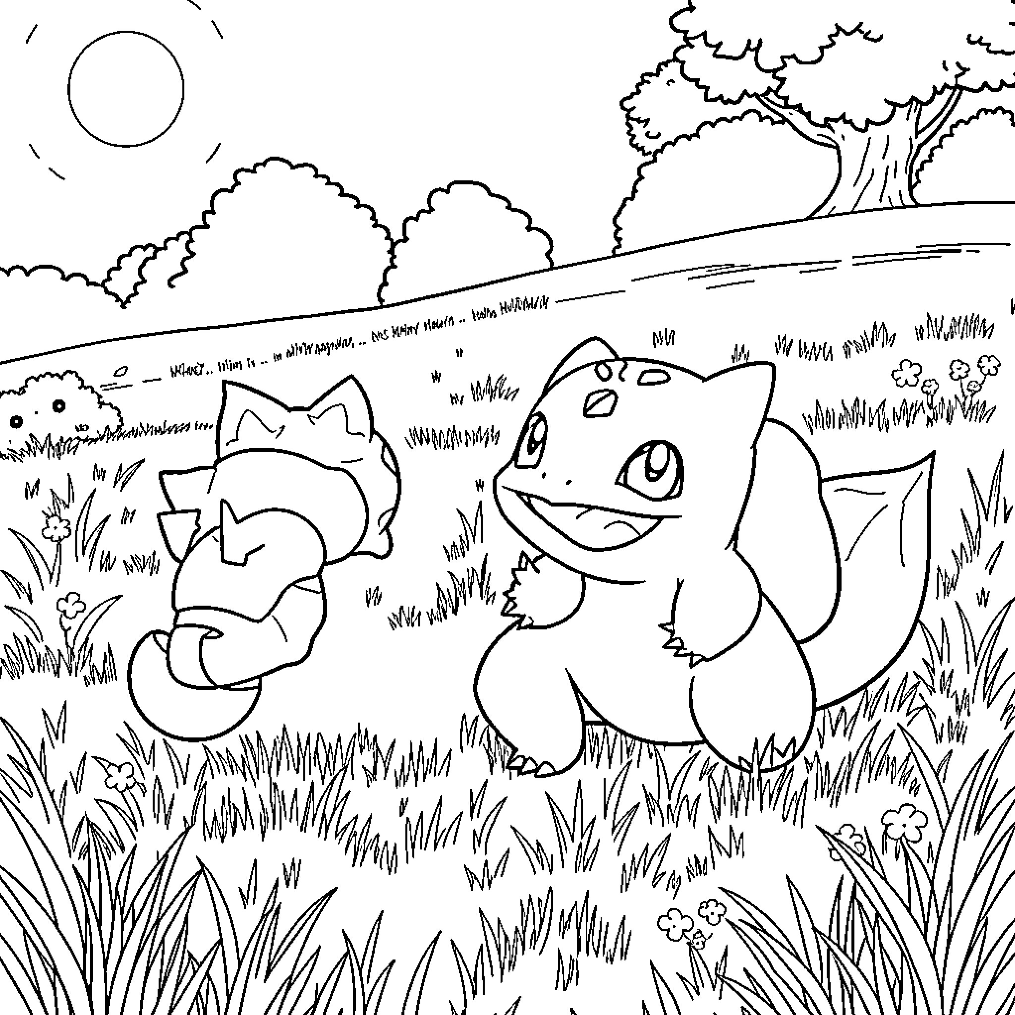 Bulbasaur exploring the vibrant landscape Coloring Page (free black-and-white line drawing printable PDF for all, from beginners to advanced learners, including children, teens, adults, and seniors)