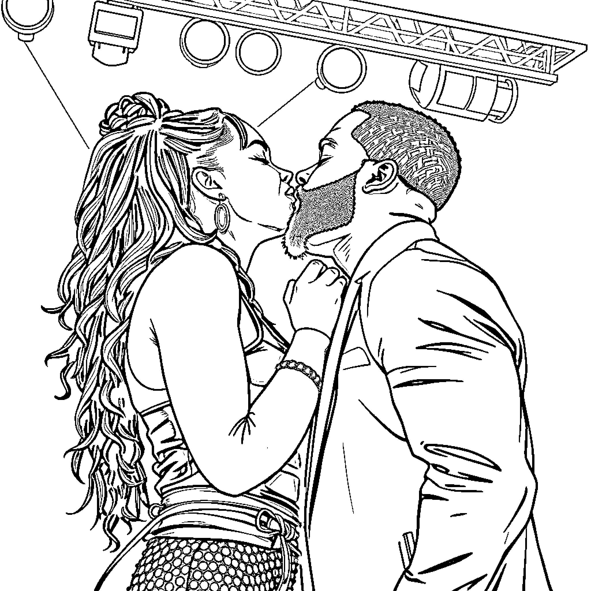 Rihanna's intimate moment on stage Coloring Page (free black-and-white line drawing printable PDF for all, from beginners to advanced learners, including children, teens, adults, and seniors)