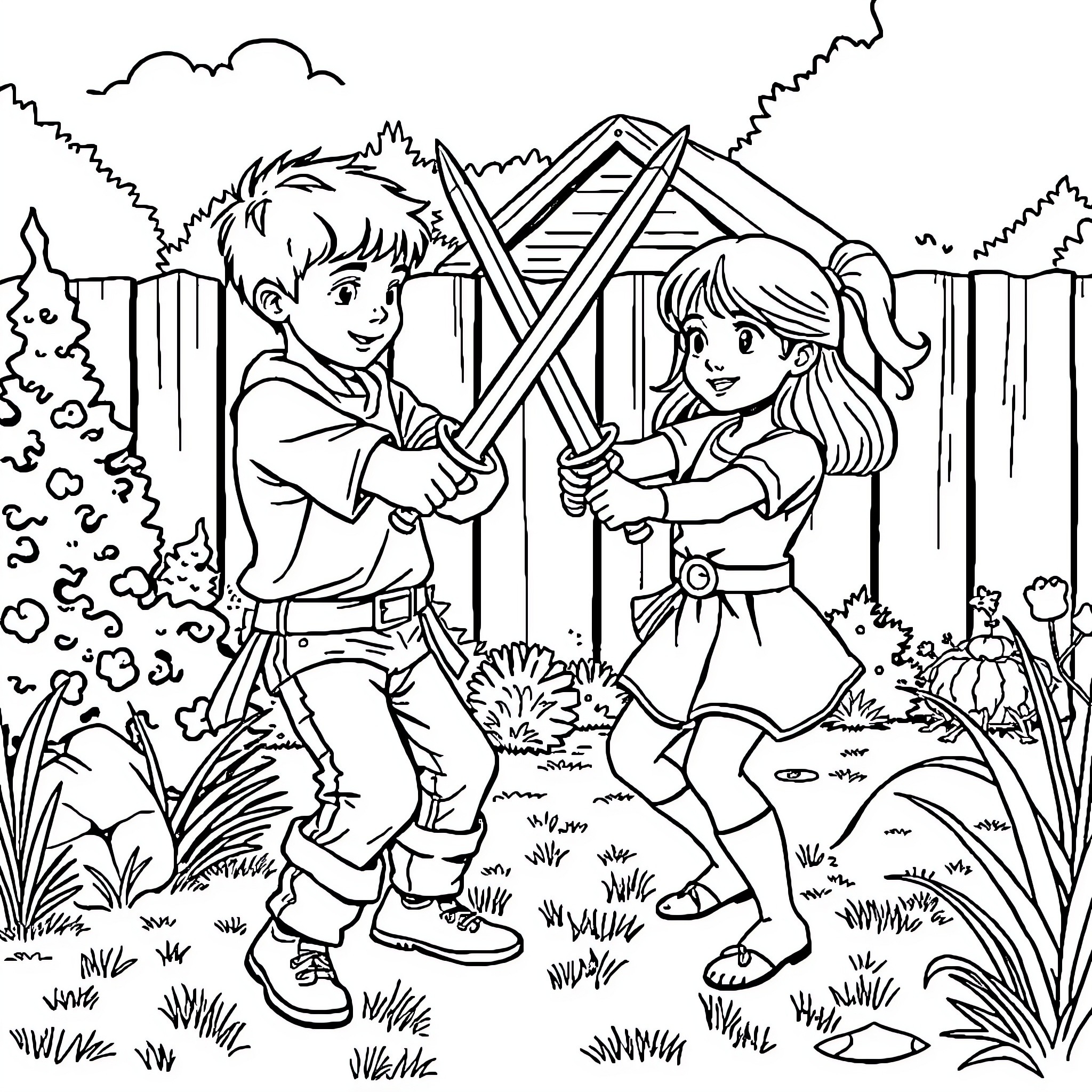 Sword Fighting in a Lush Outdoor Setting Coloring Page (free black-and-white line drawing printable PDF for all, from beginners to advanced learners, including children, teens, adults, and seniors)