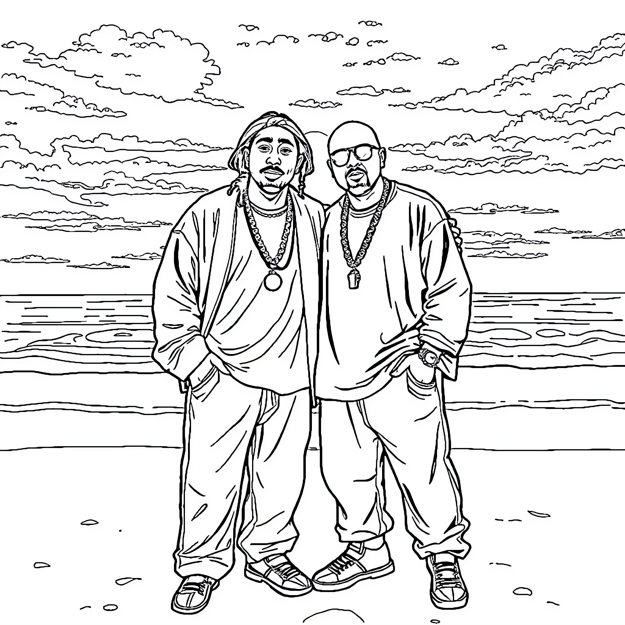 2pac posing with friend in outdoor setting Coloring Page (free black-and-white line drawing printable PDF for all, from beginners to advanced learners, including children, teens, adults, and seniors)