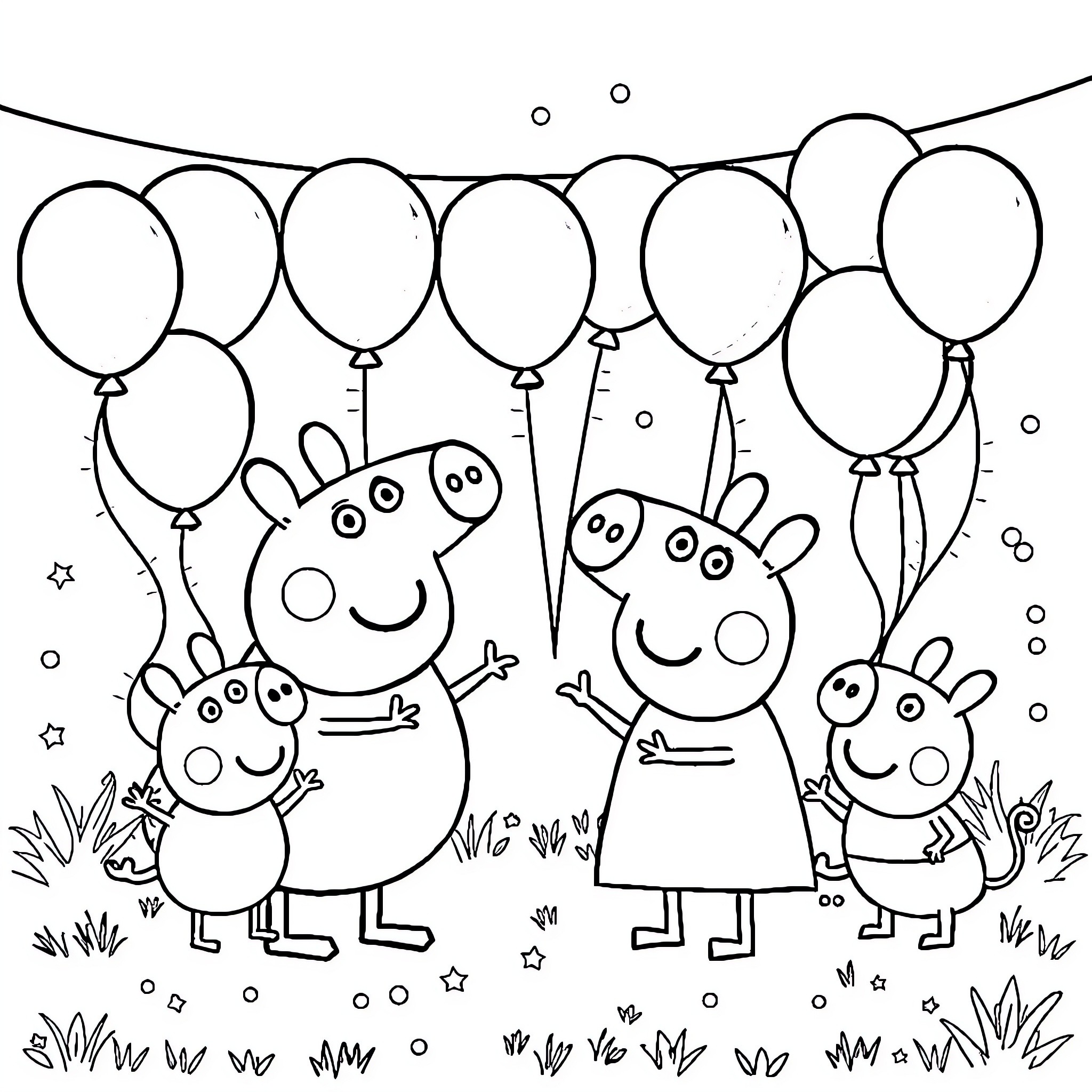Peppa Pig family celebrating with balloons Coloring Page (free black-and-white line drawing printable PDF for all, from beginners to advanced learners, including children, teens, adults, and seniors)