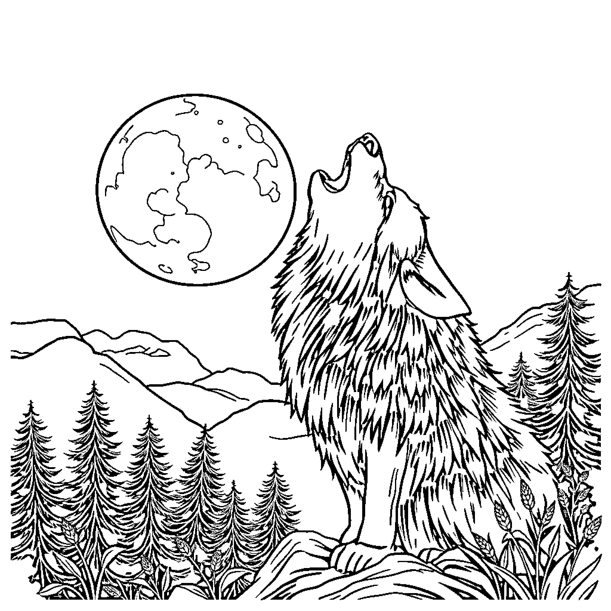 Wolf howling at the full moon in the forest Coloring Page (free black-and-white line drawing printable PDF for all, from beginners to advanced learners, including children, teens, adults, and seniors)