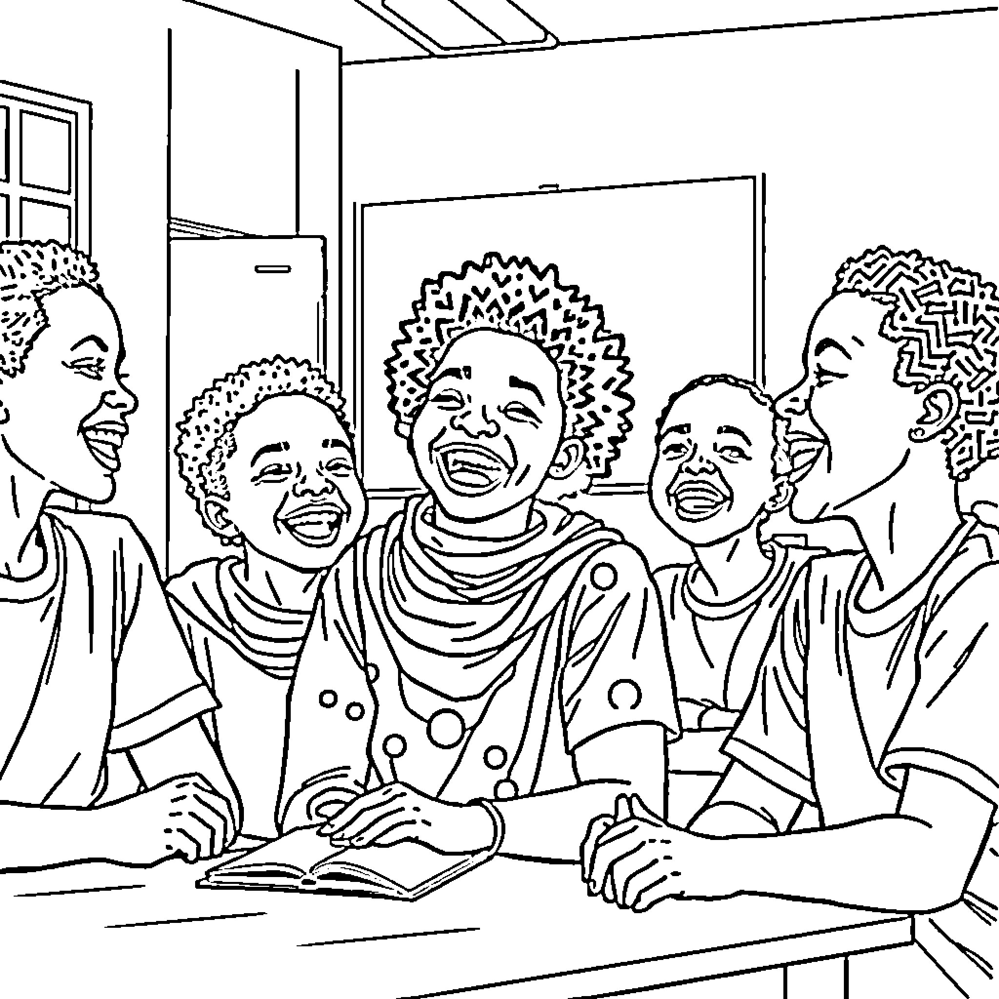 Students engaged in group study Coloring Page (free black-and-white line drawing printable PDF for all, from beginners to advanced learners, including children, teens, adults, and seniors)