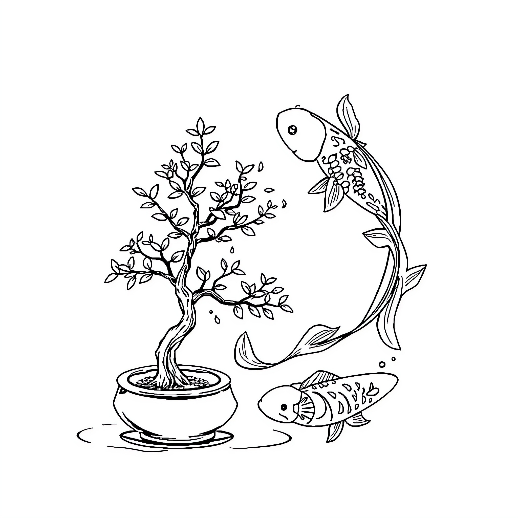 Bonsai fish swimming among the branches Coloring Page (free black-and-white line drawing printable PDF for all, from beginners to advanced learners, including children, teens, adults, and seniors)