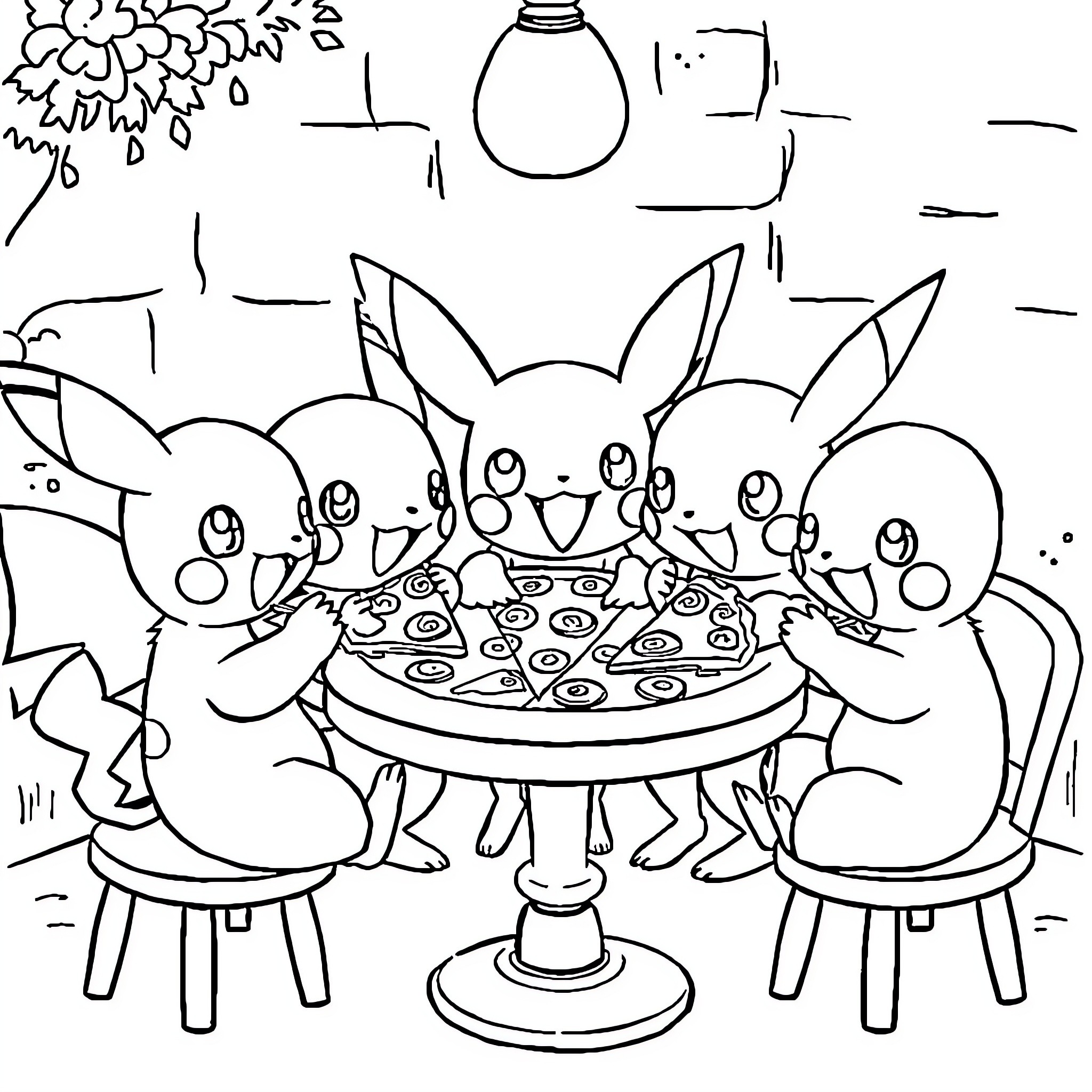 Pokémon enjoying a delightful pizza party Coloring Page (free black-and-white line drawing printable PDF for all, from beginners to advanced learners, including children, teens, adults, and seniors)