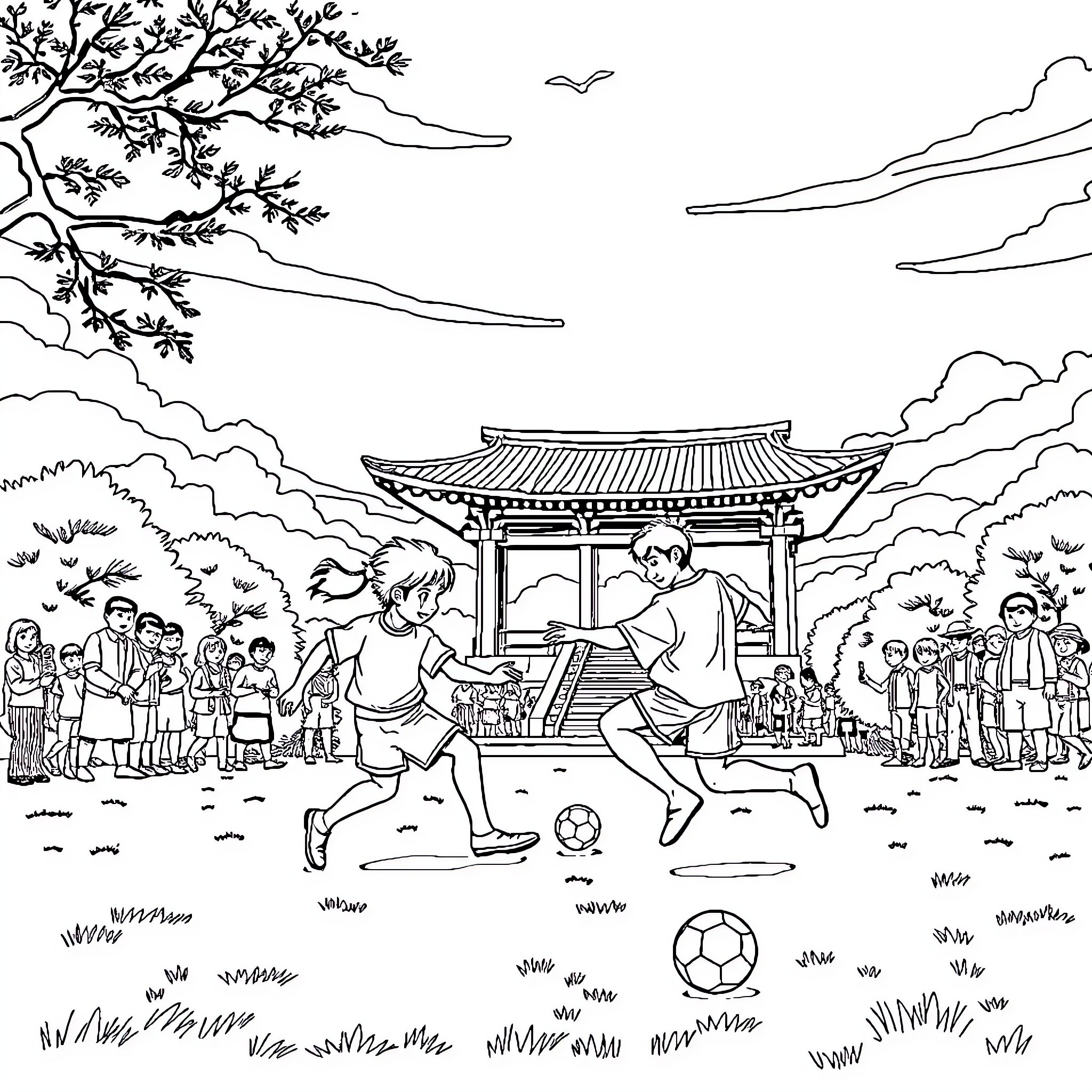 Sangoku: Children Playing Soccer in a Traditional Japanese Landscape Coloring Page (free black-and-white line drawing printable PDF for all, from beginners to advanced learners, including children, teens, adults, and seniors)