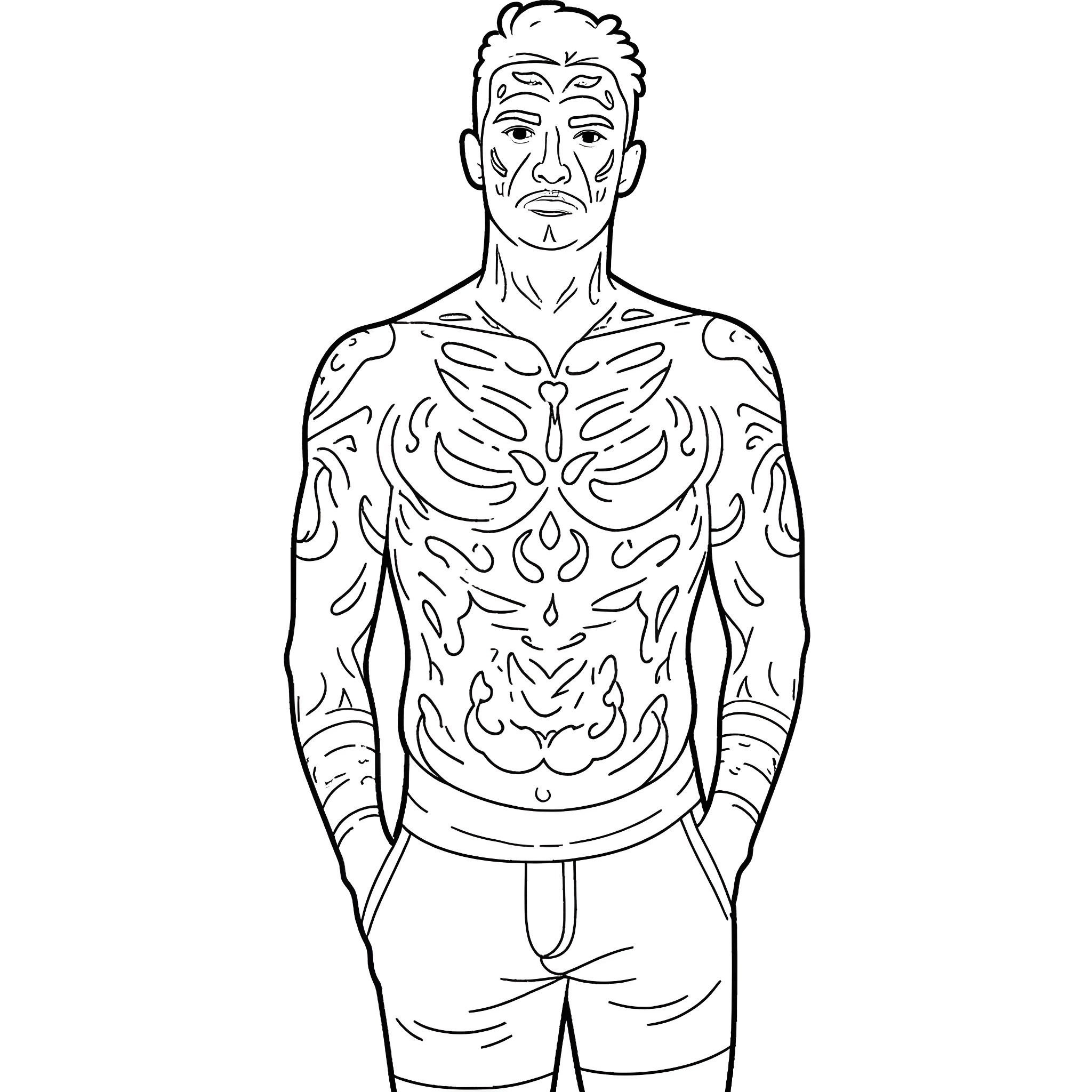 Man with intricate tattoos on his upper body Coloring Page (free black-and-white line drawing printable PDF for all, from beginners to advanced learners, including children, teens, adults, and seniors)