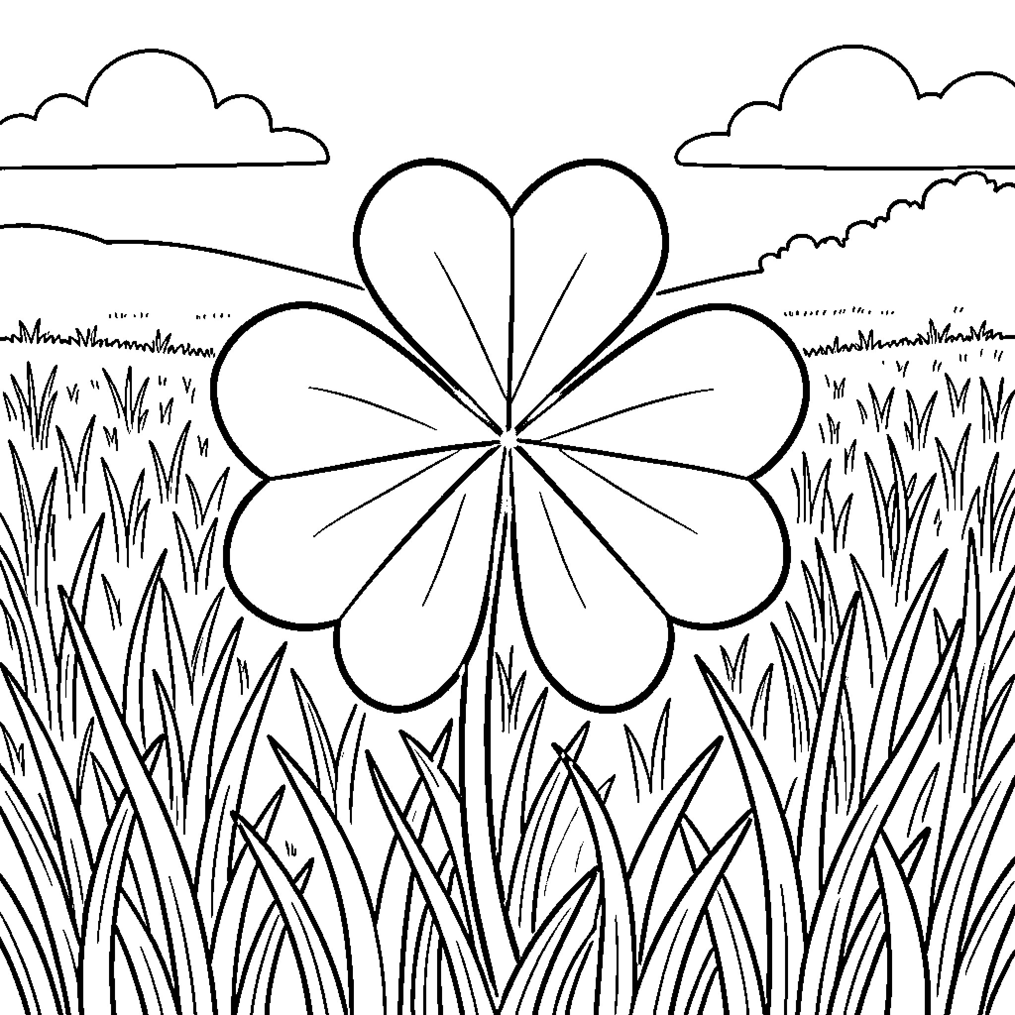 Fourleaf Clover in a Grassy Field Coloring Page (free black-and-white line drawing printable PDF for all, from beginners to advanced learners, including children, teens, adults, and seniors)