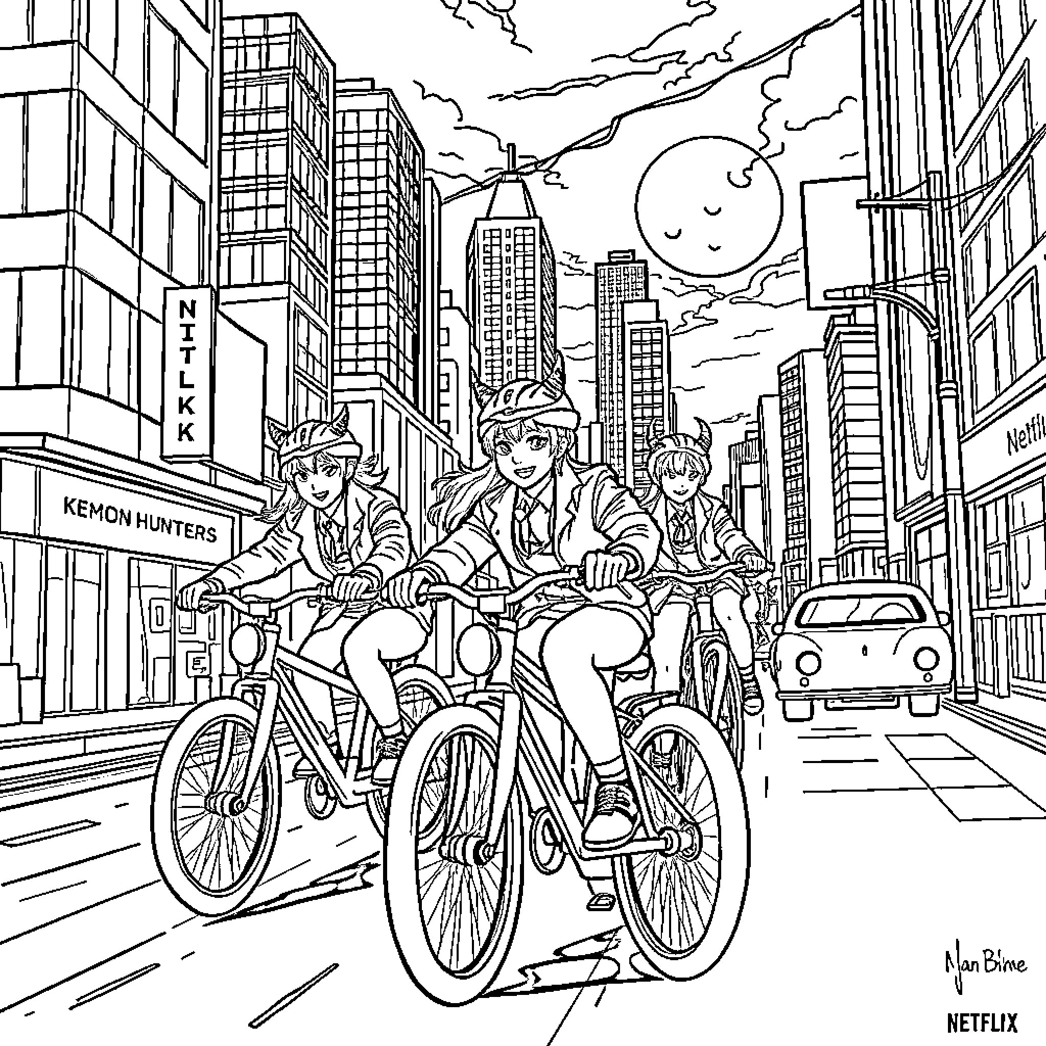 Demon Hunters Riding Bikes Through the City Coloring Page (free black-and-white line drawing printable PDF for all, from beginners to advanced learners, including children, teens, adults, and seniors)