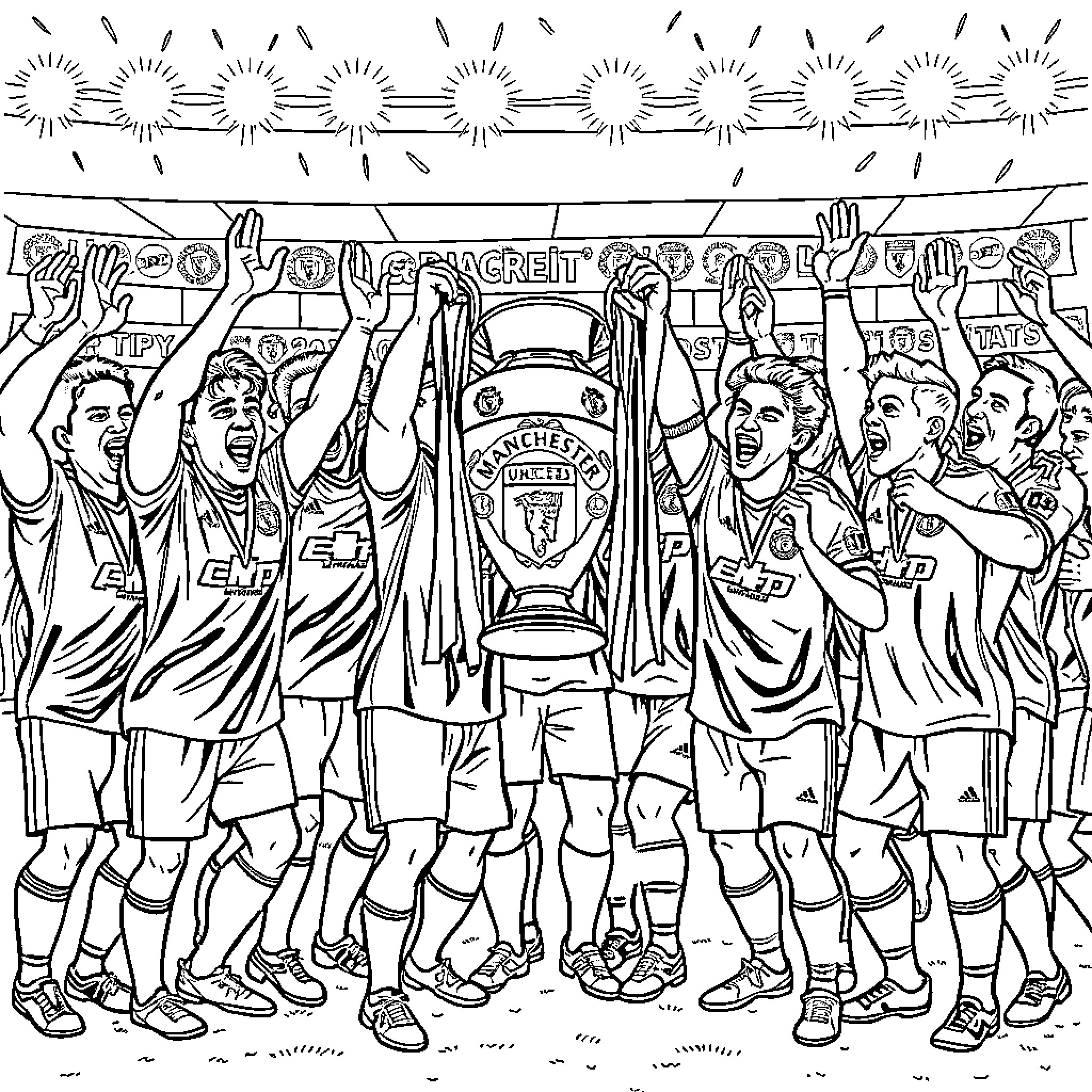 Man Utd players celebrate trophy victory Coloring Page (free black-and-white line drawing printable PDF for all, from beginners to advanced learners, including children, teens, adults, and seniors)